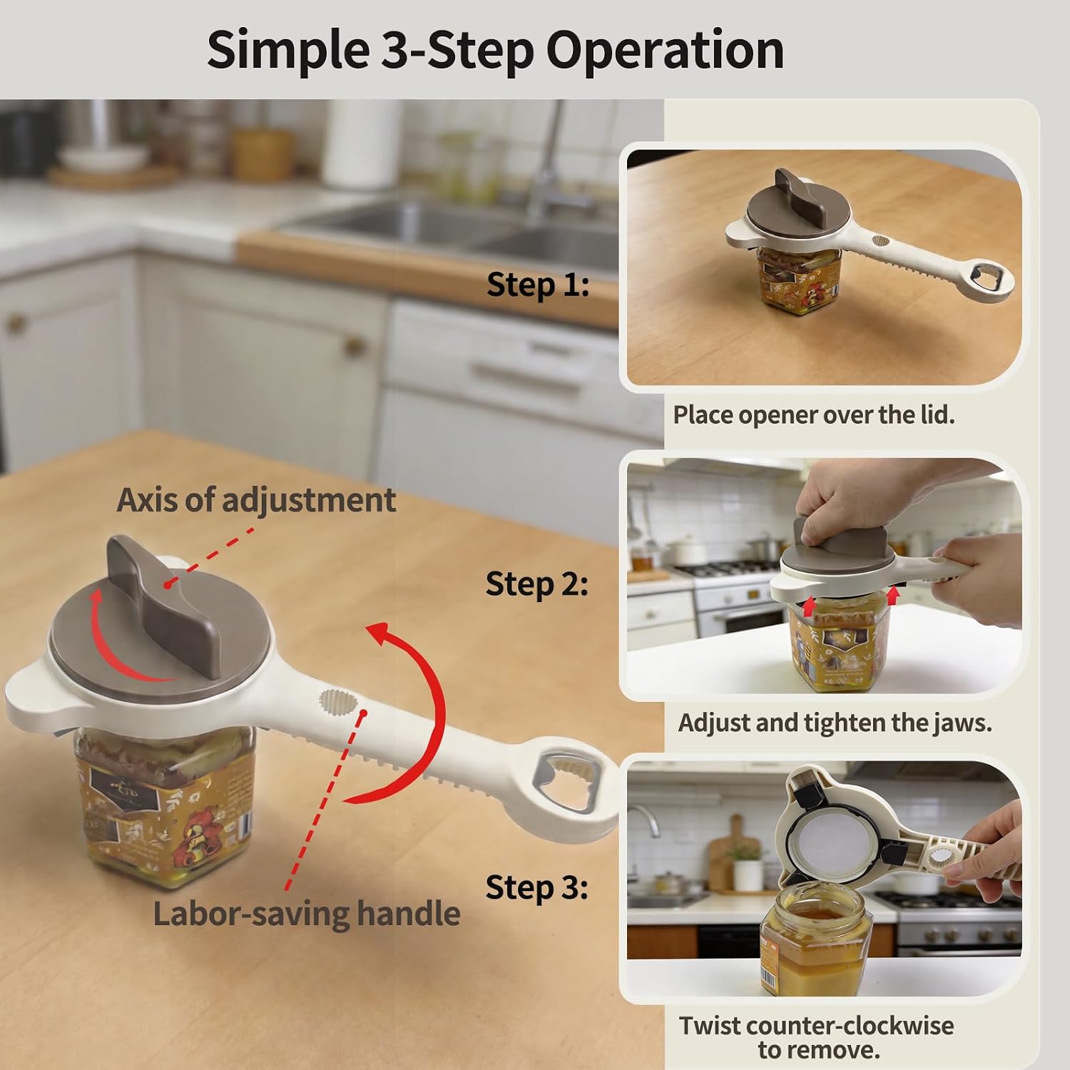 Jar Opener for Weak Hands, Seniors with Arthritis, 4-in-1 Multi-Purpose Lid Opener Includes Magnetic Hook & Rubber Gripper for Jars, Bottles and Beer Caps (Beige)
