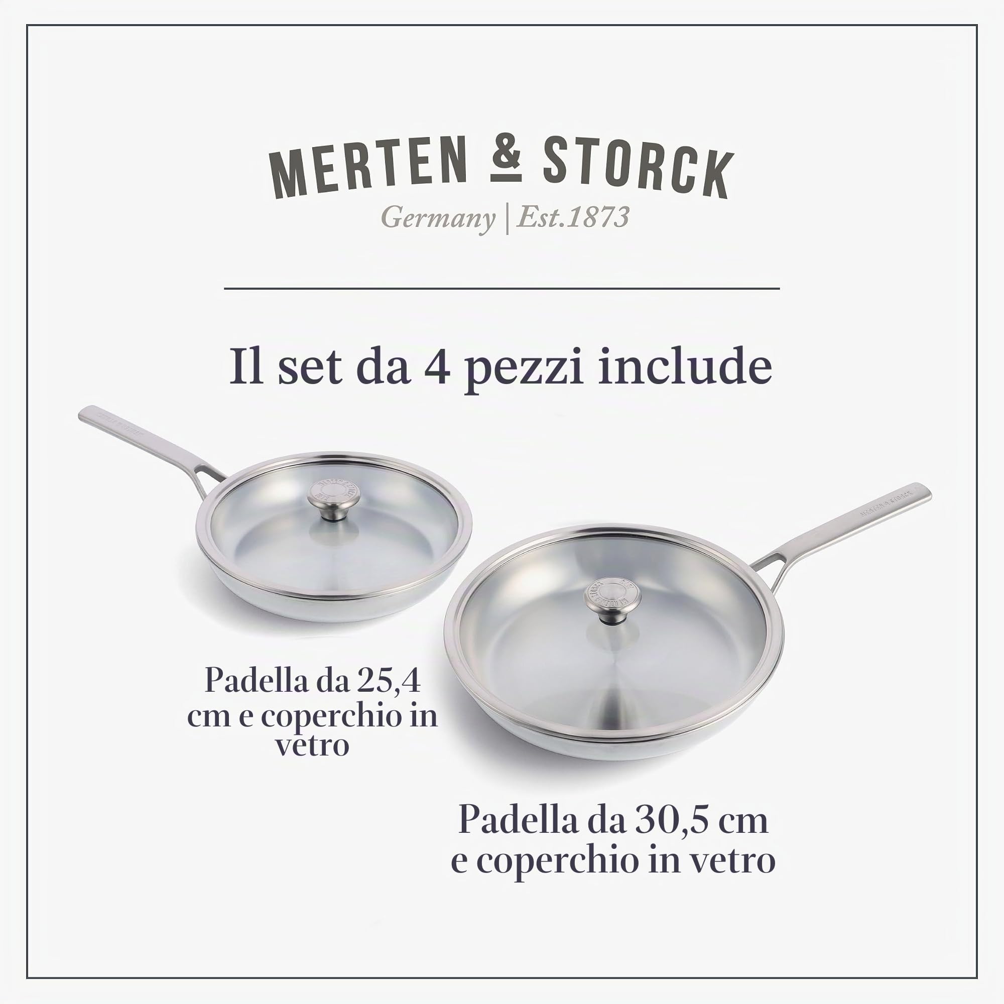 Merten & Storck Tri-PLy Batteria di Pentole 2 Pezzi con Coperchi,26cm & 30cm,a Induzione in Acciaio Inox,sicure per gli utensili in metallo,Multi Clad,lavabili in lavastoviglie e in forno,Argento