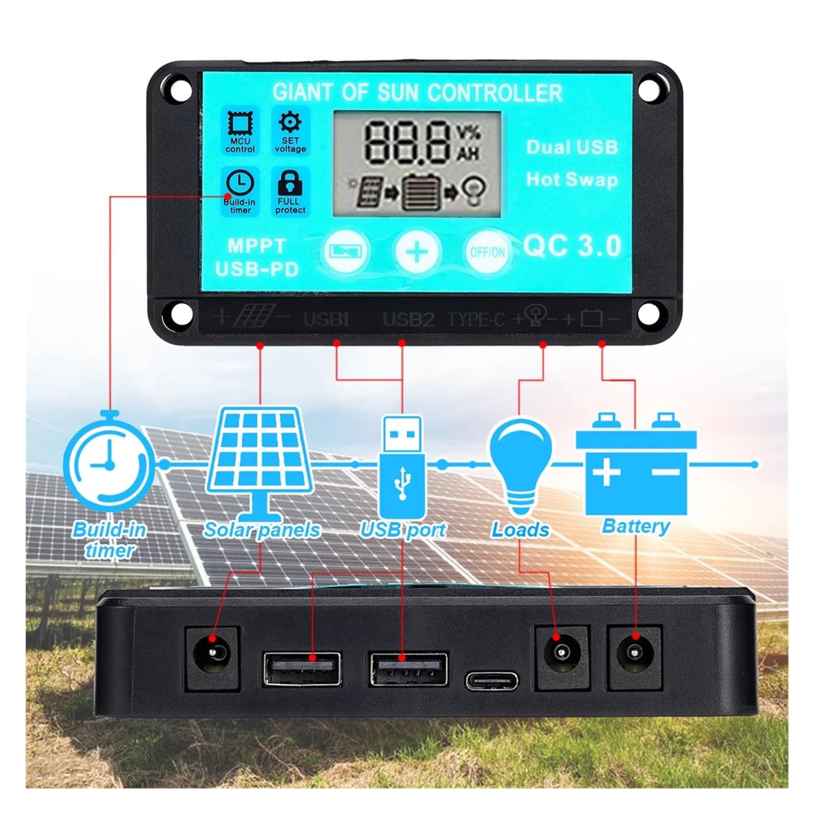 Diymore zonne-energie controller, 30A zonnepaneel laadregelaar, 12V/24V zonnepaneel accuregelaar met dubbele USB-poort en LCD-display