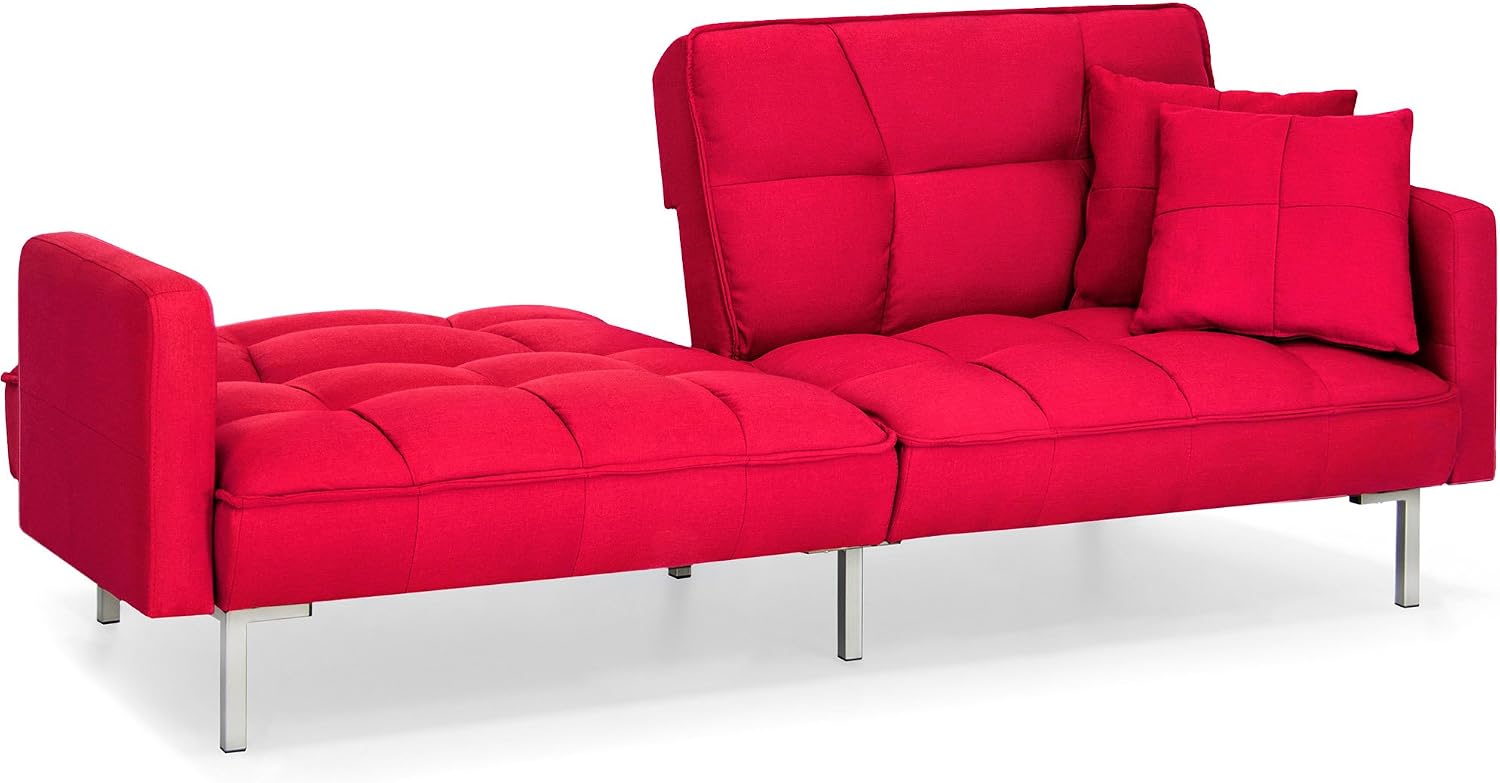 Best Choice Products Linen Upholstered Tufted Convertible Splitback Sleeper Futon w/Pillows, Dark Red
