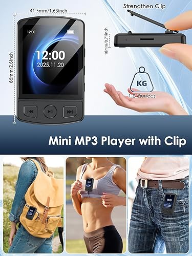 Miniatura 4 de Reproductor de MP3 con clip de 64 GB mini reproductor de MP3 con Bluetooth 5.2, reproductor de música MP3 portátil con auriculares, altavoz HiFi,