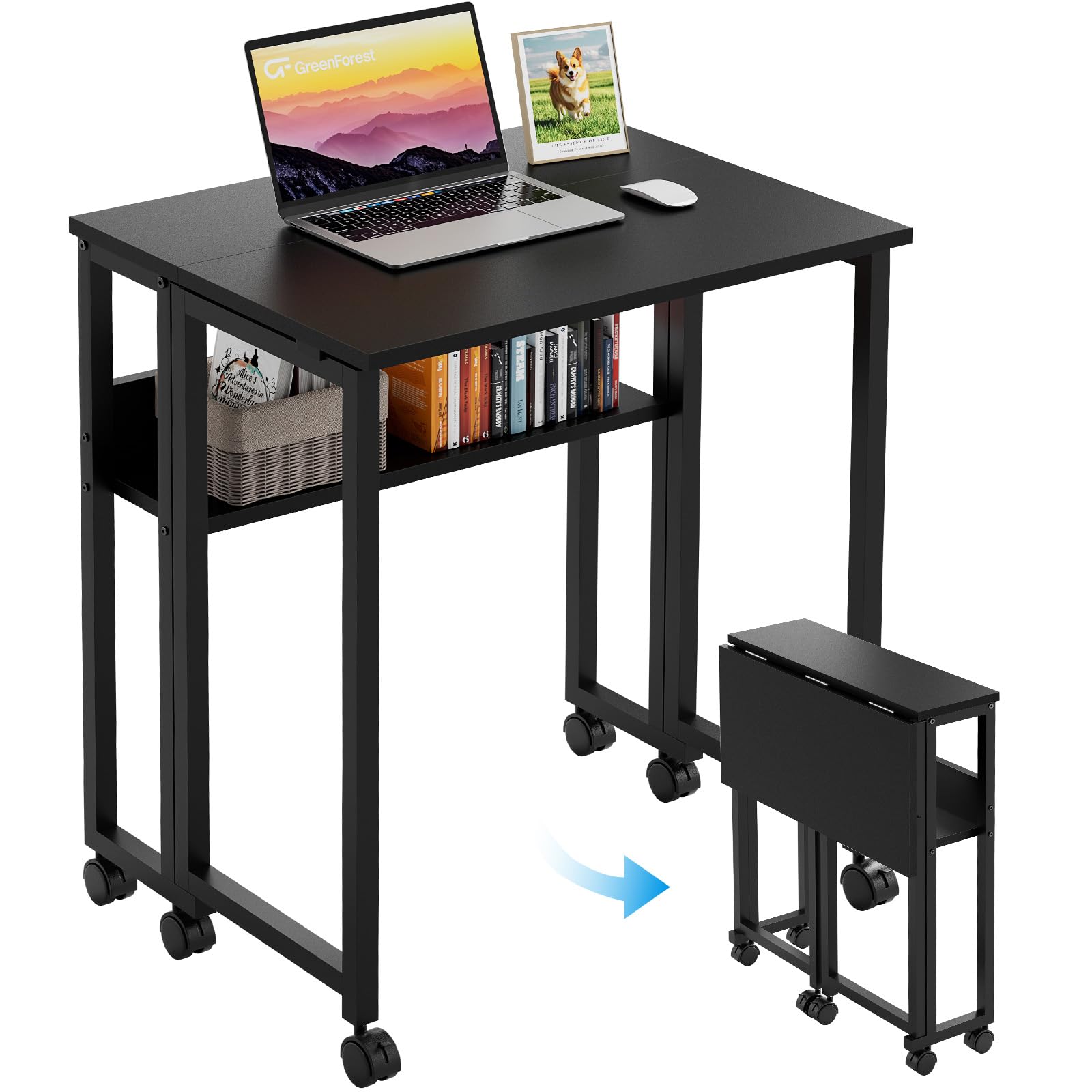 GreenForest Folding Desk Small Rolling Desk with Storage Shelf,31.5 inch Foldable Computer Desk with Wheels for Small Space, Easy Assembly,Black