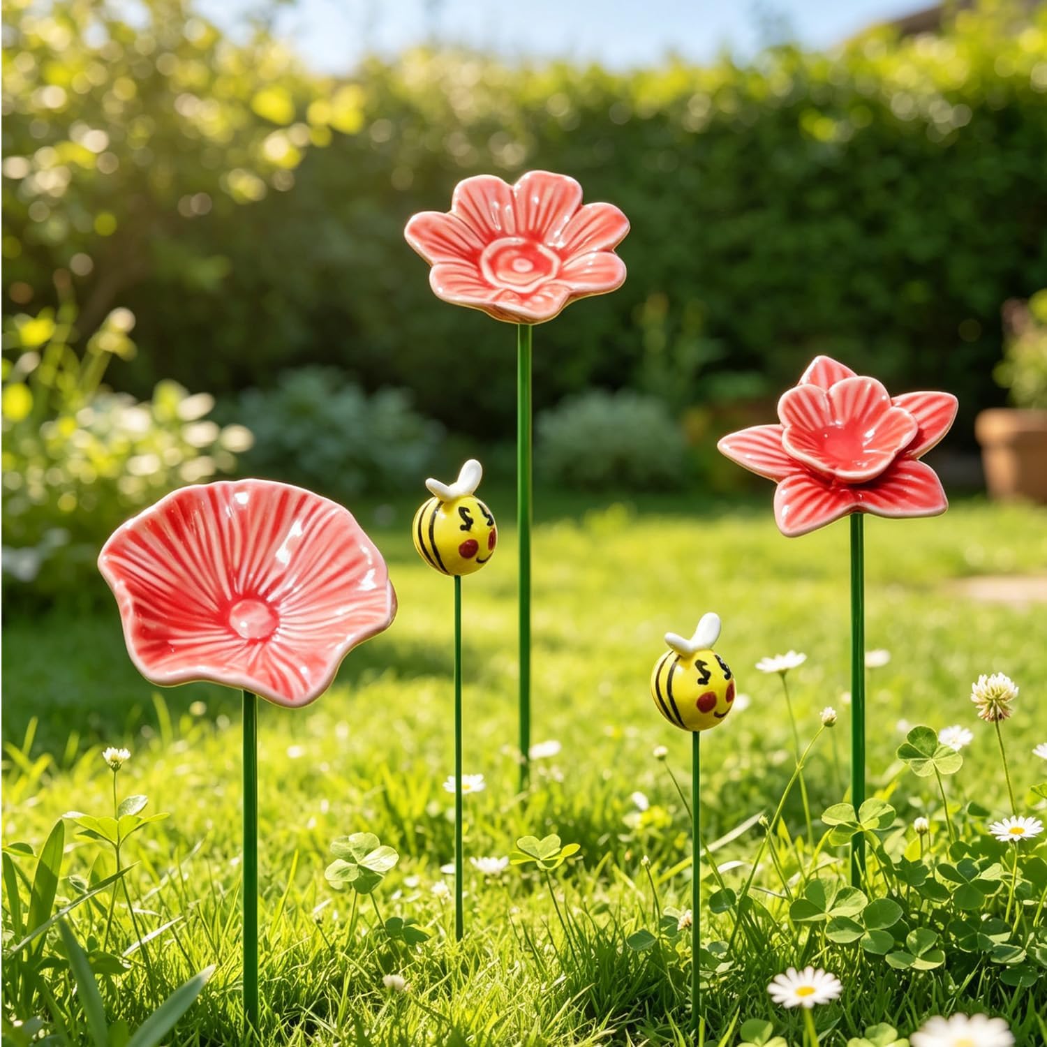3 Pack Ceramic Bee Watering Station with Stakes, Handmade Flower Feeder for Butterflies & Hummingbirds, Garden Decor with 2 Bee Figurines, Yard Art for Patio Flower Pot（red） image 5