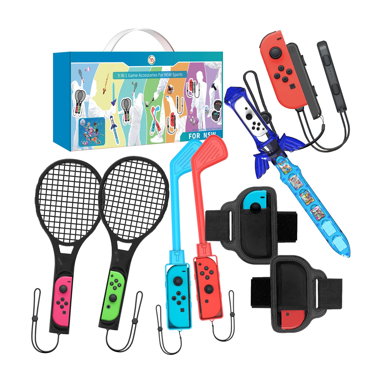 Uxilep Switch Sports Accessories - 9 in 1 Family Bundle Accessories Kit for Nintendo Switch / OLED Sport Games : Mario Golf Super Rush,Wrist & Leg Strap for Joycon,Sword and Mario Tennis aces