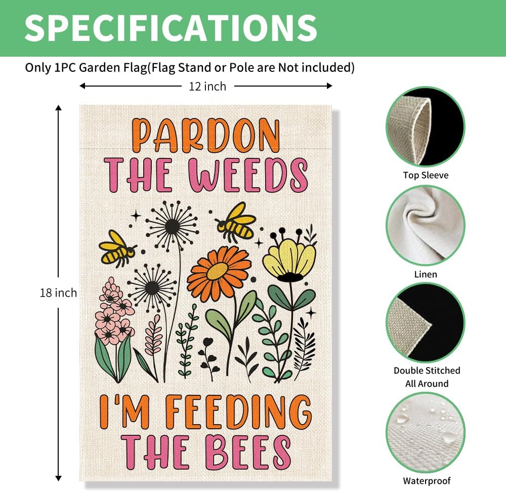 Perfectinsoy Pardon the Weeds I’m Feeding the Bees Garden Flag, No Mow Sign, Bee Keeper Yard Decor, Pollinator Garden Sign, Welcome Backyard Farmhouse Spring Outdoors Decor, Wildflower Bee Lover Gifts - Image 2
