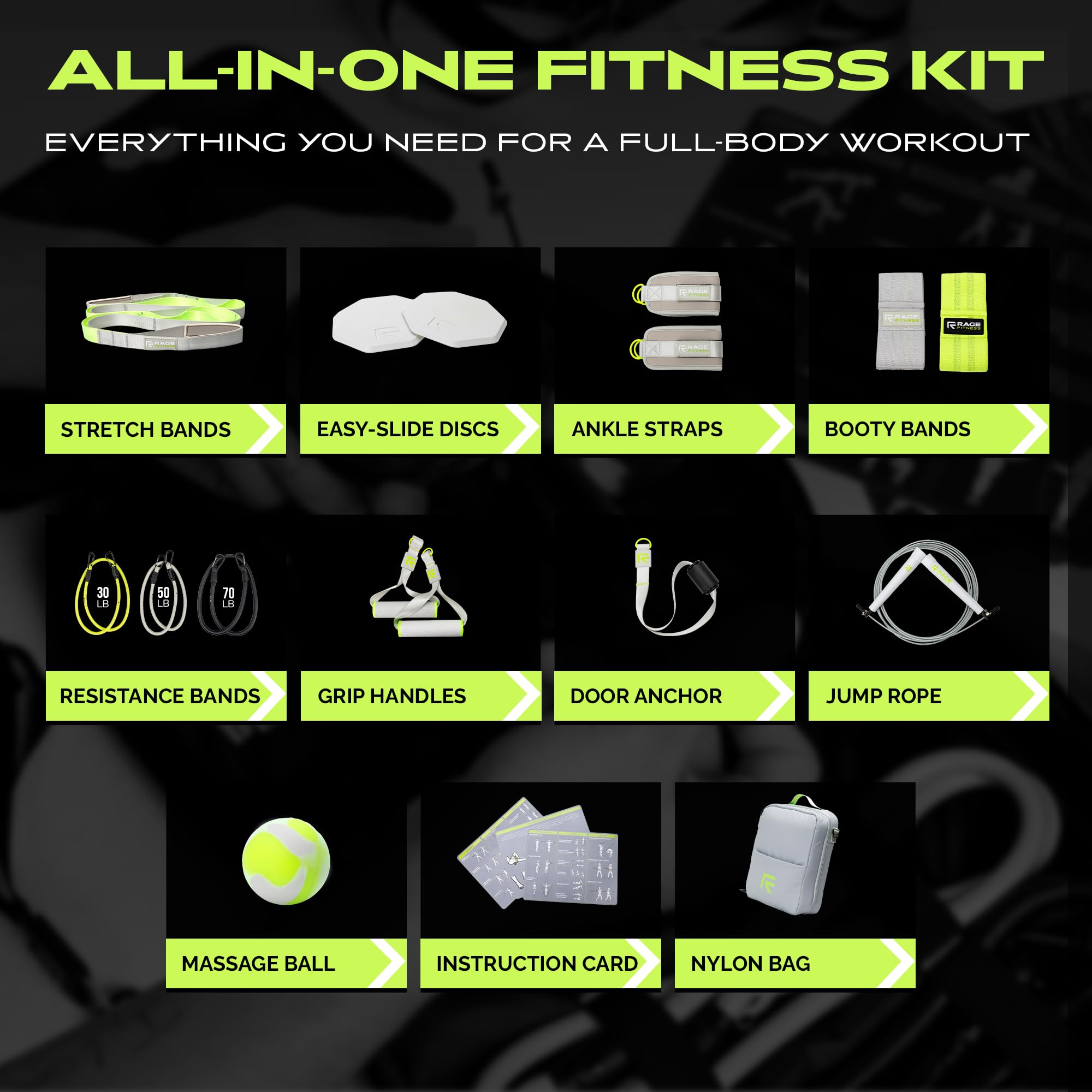 Ex Kit Home Gym Equipment with Carry Bag - 10Pcs Resistance Bands Kit with Handles, Door Anchor, Jump Rope, Booty Bands & More – Full Body Workout Bands Set for Strength, Cardio & Flexibility