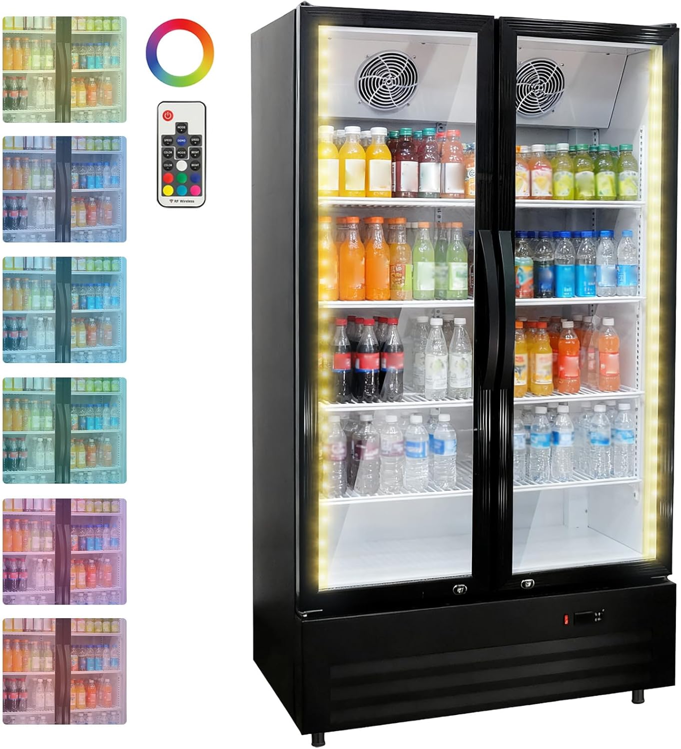LinTimes 32.5 Cu.ft Double Door Commercial Beverage Cooler - 580-Can Glass Display Fridge | Frost-Free Air-Cooled, Automatic Door Rebound | for Bar/Restaurant/Supermarket (Black)