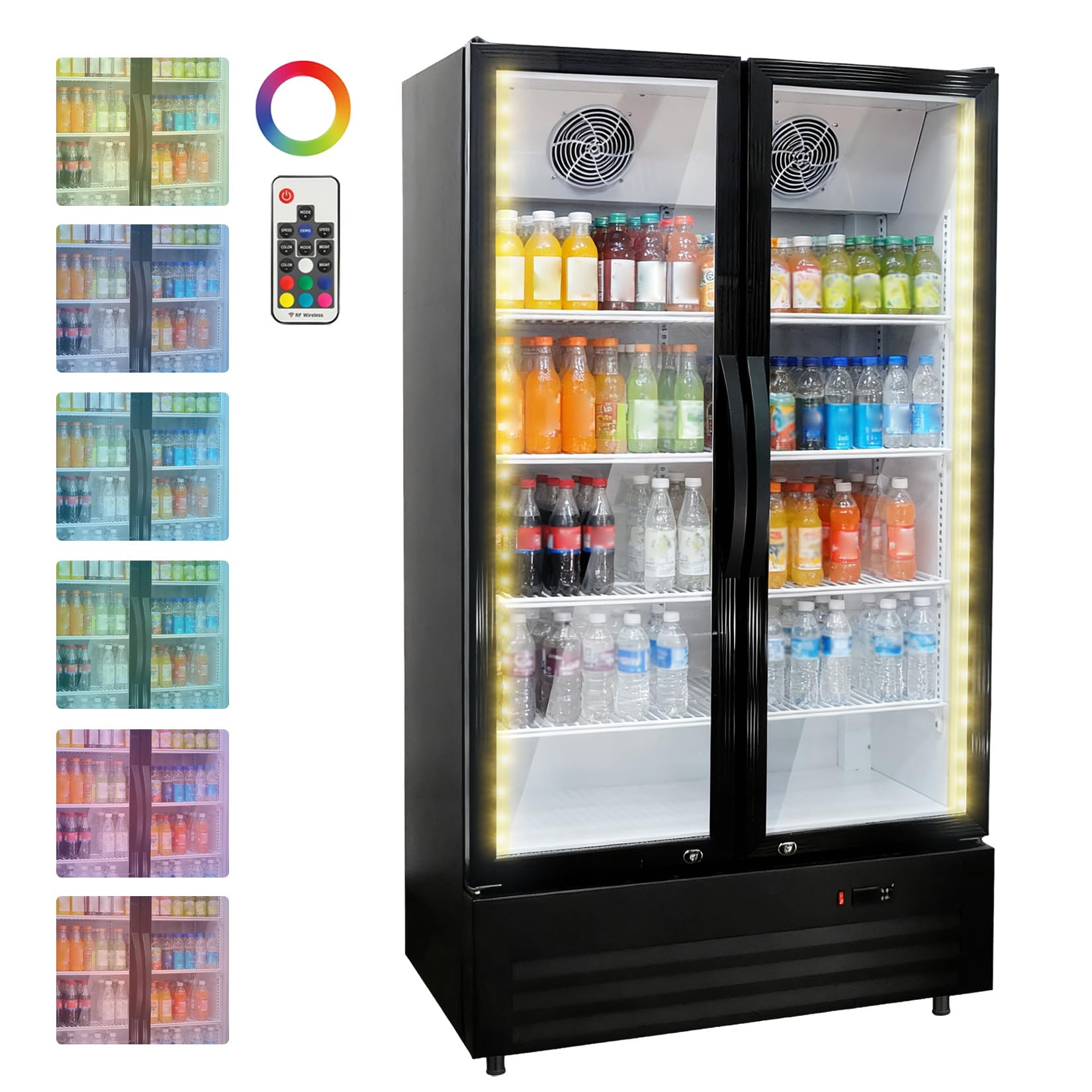 LinTimes 32.5 Cu.ft Double Door Commercial Beverage Cooler - 580-Can Glass Display Fridge | Frost-Free Air-Cooled, Automatic Door Rebound | for Bar/