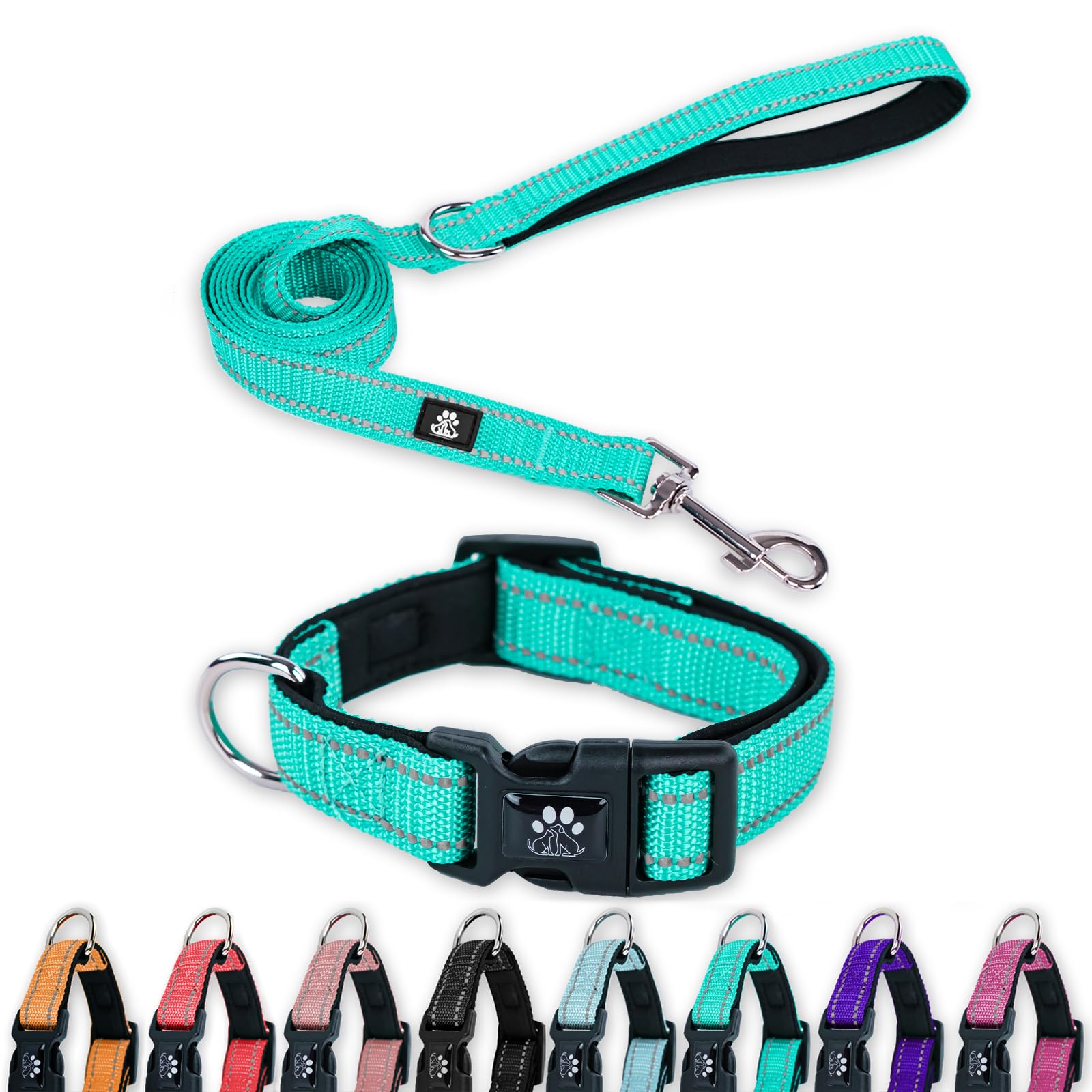 FURRYFECTION Reflective Dog Collar and Leash Set with Quick Release Buckle, Padded with Neoprene Adjustable Nylon Dog Collar for Small Medium and