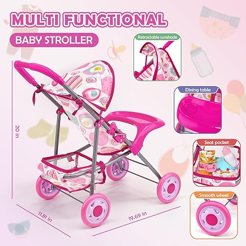 Miniatura 4 de Juego de cochecito de muñeca de bebé con muñeca de 12.5 pulgadas, mesa de comedor para bebé, mochila con portador, 21 piezas de accesorios para