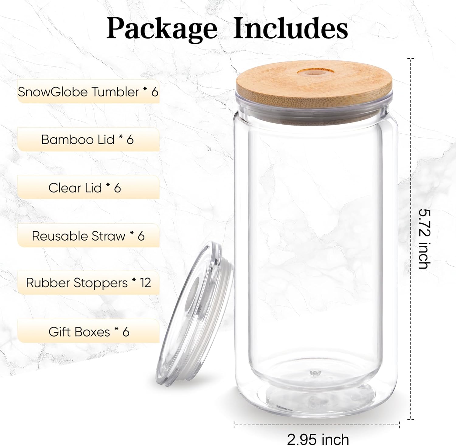 6 Pack 16 oz Acrylic Snow Globe Tumbler Double Wall Plastic Snowglobe Tumbler Cups with Pre-Drilled Hole, 100% Leak Proof, with Bamboo Lids & Clear Lid, for Snow Globe Glitter DIY Gift - Image 4