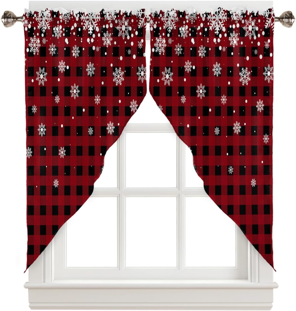 Swag Curtain,Xmas Snowflake Red Black Buffalo Plaid Kitchen Valances Rod Pocket Curtains Tier Pair Swag Topper,Winter Snow 2 Panels Window Treatment for Bathroom Living Room Bedroom