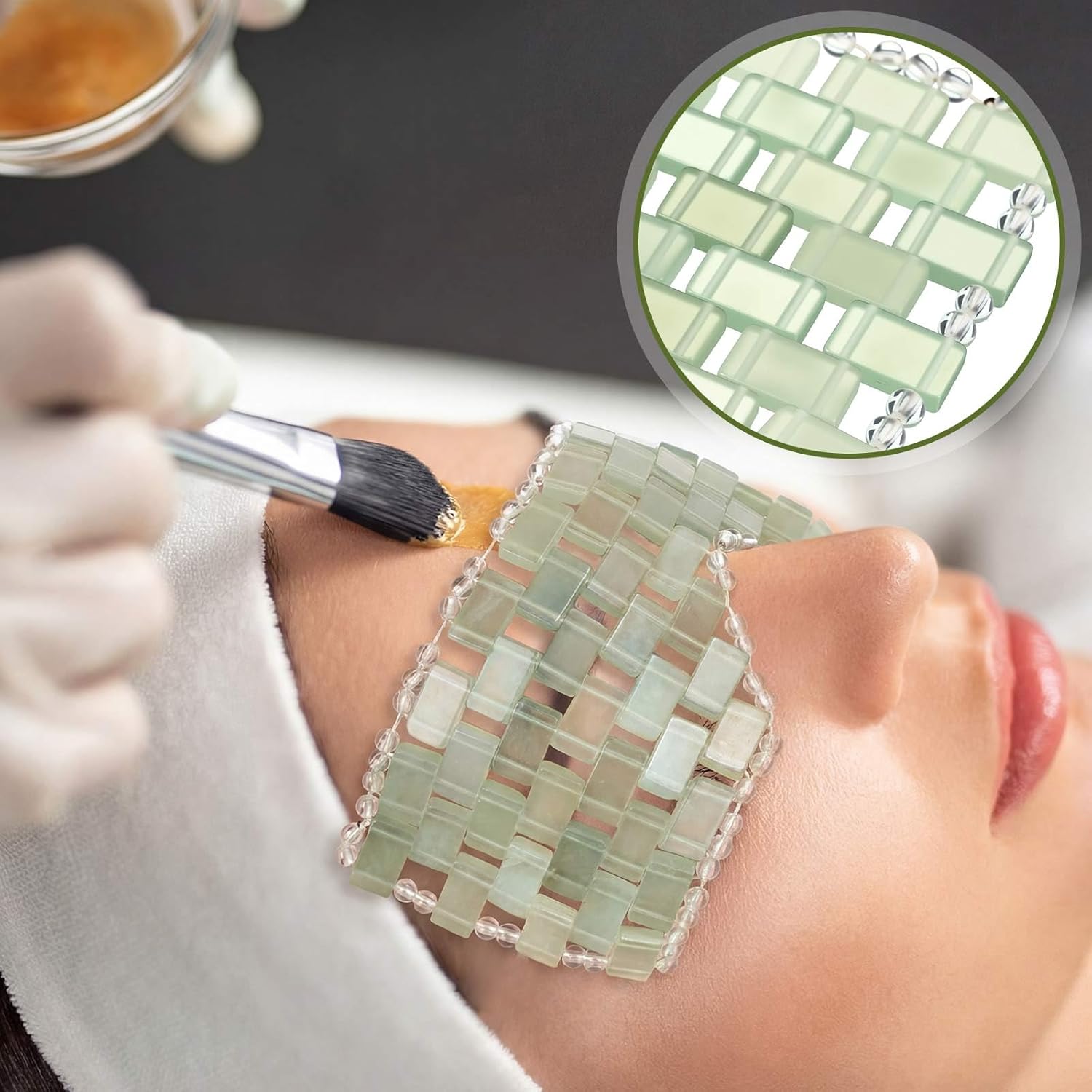 Sliner 10 Pcs Gua Sha Facial Tools Set Jade Eye Mask Scalp Hair Comb Spiked Roller Jade Stone Eye Mask Gua Sha Board White Facial Cooling Set for Spa Relax Alleviate Puffiness Esthetician Supplies