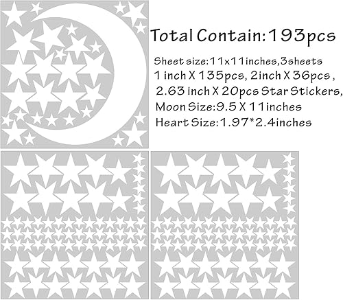 Miniatura 6 de Easma Calcomanías de pared de estrellas (191 estrellas+1 luna + 1 corazón) 3 tamaños de estrellas blancas y luna, calcomanías extraíbles para