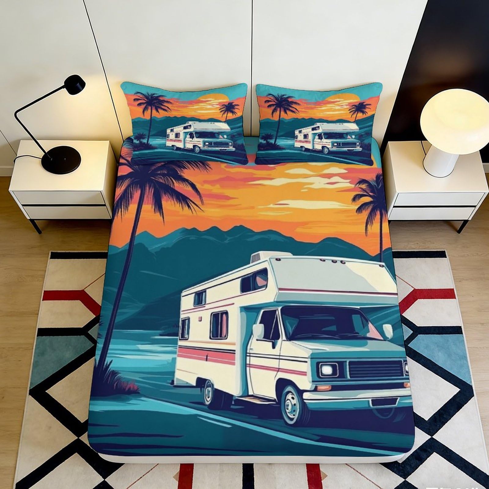 3D Printed Sunset Camper Fitted Sheet Microfiber Decorative Palm Landscape Bed Cover for Bedroom Guest Room Mattress Protection 120x200x25cm