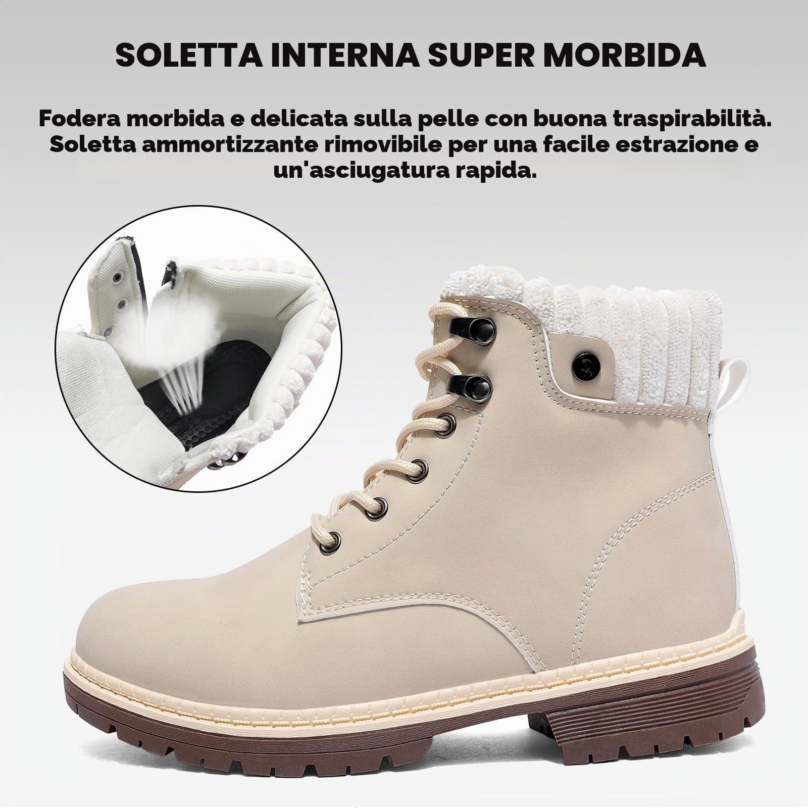 Stivali Donna Inverno Scarpe da Neve Impermeabili Stivaletti Pelliccia Stringate Outdoor Stivali da Trekking Caldi Snow Boots GR.37-42 Beige-39EU