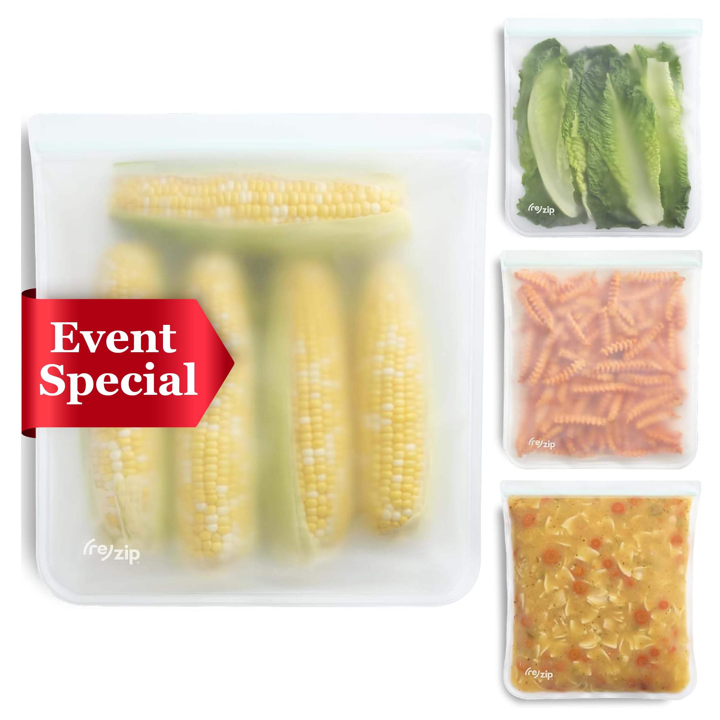 (re) zip Gallon Reusable Storage Bags, BPA-Free, Leakproof, Food-Grade 100% Food-Safe PEVA, for Food Storage and Freezer Use, Holds 16 cups | 128 fl oz, 4-Pack (Clear)