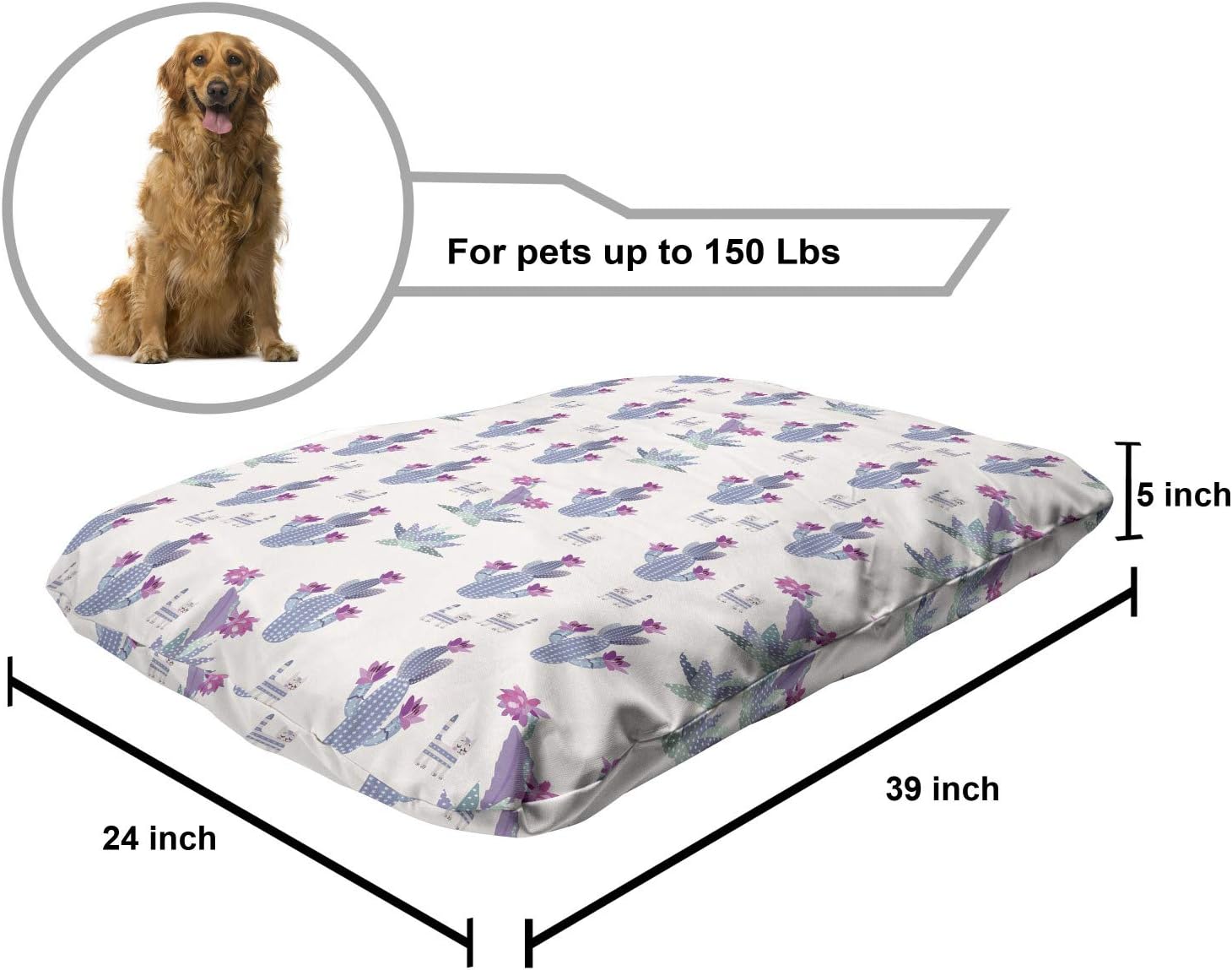review Lunarable Succulents Pet Bed, Cactus with Flowers Cartoon Style Cats, Chew Resistant Pad for Dogs and Cats Cushion with Removable Cover, 24