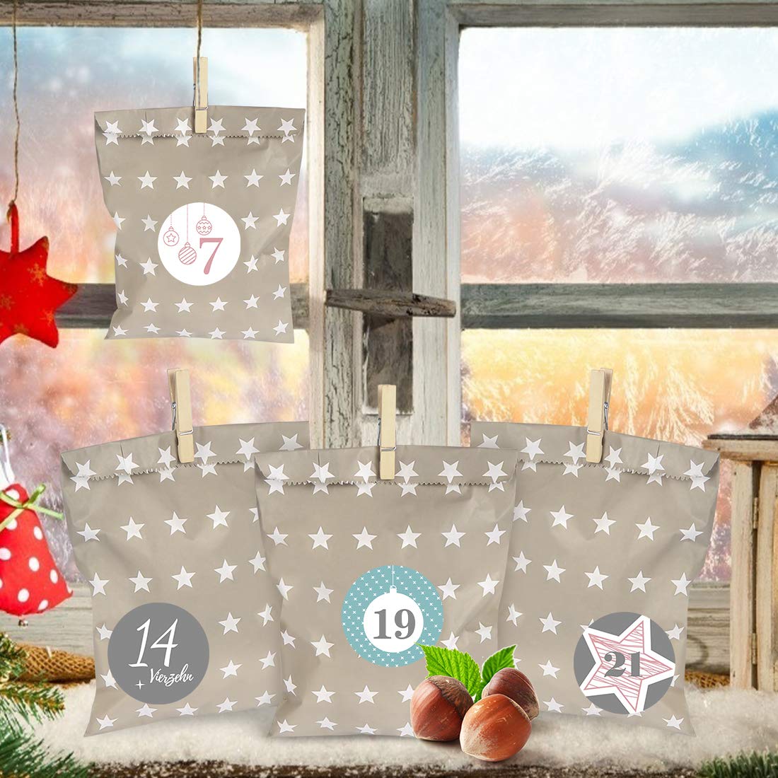 Calendario De Adviento Para Rellenar – 24 Bolsas De Papel Con Cuerda, Clips Y Pegatinas Numéricas – Decoración Navideña Creativa Para Sorpresas Y Regalos