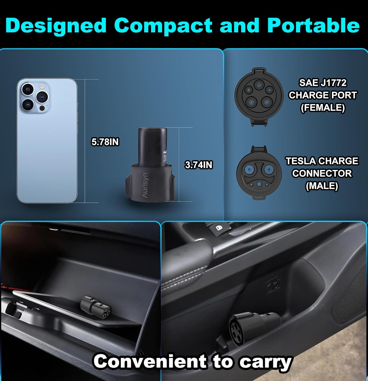 Aurisyn J1772 to Tesla Charger Adapter, SAE J1772 to NACS Adapter, Safety Charger Lock, Max 80A 240V Fast Charging Plug for Model 3/Y/X/S/Cybertruck, Compatible with Level 1 and Level 2 EV Chargers