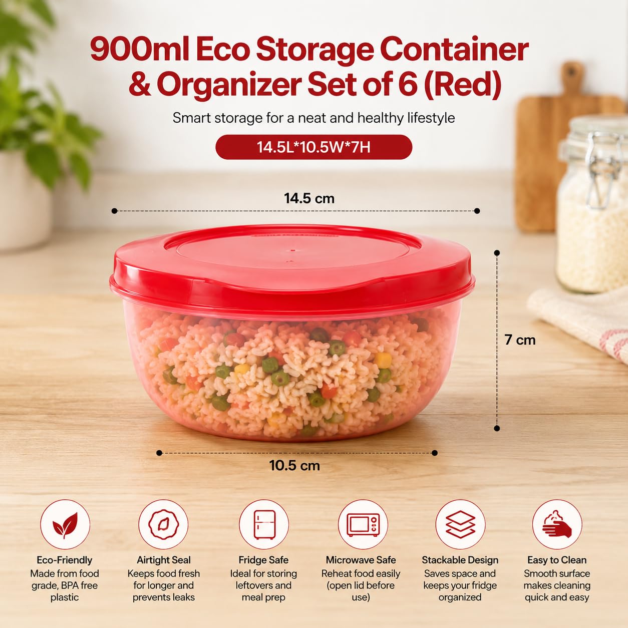 Cutting EDGE Eco-Storage - Juego de 6 recipientes de plástico para cocina y refrigerador, color rojo, 900 ml