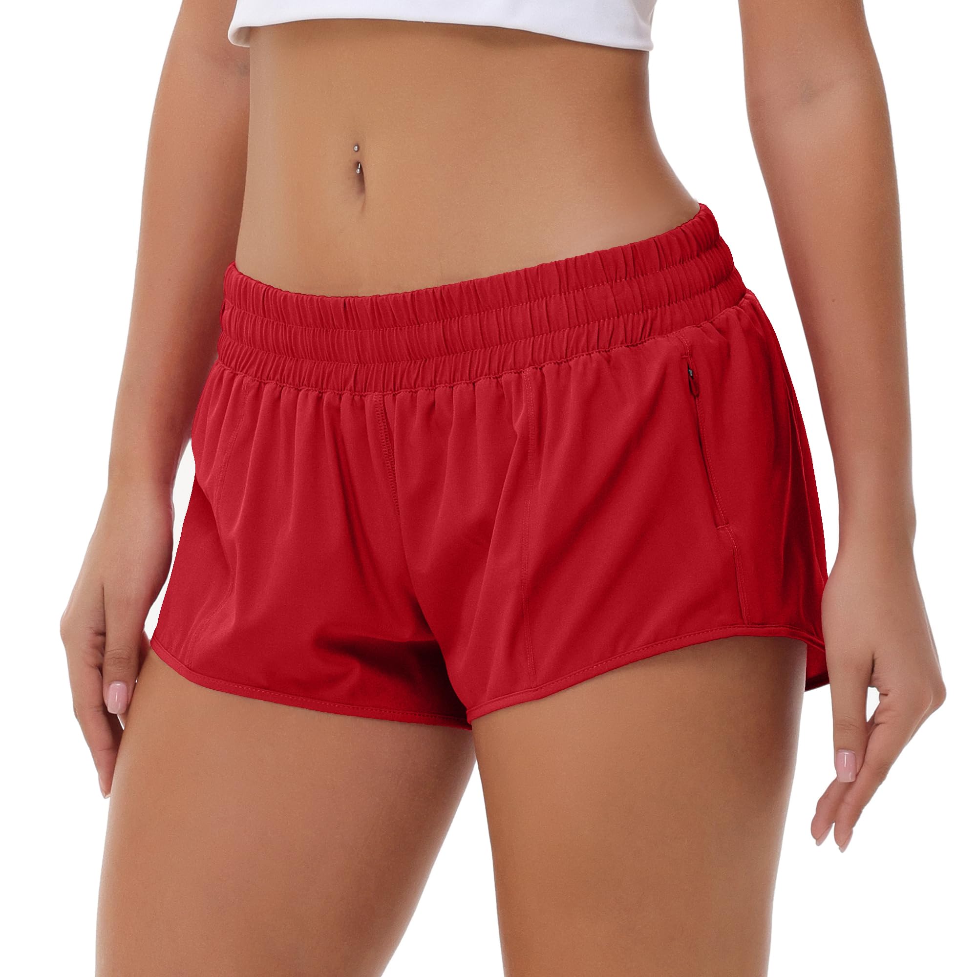 Aurefin Lightweight Athletic Shorts for Women, Quick Dry Running Shorts with Zip Pocket and Liner Womens Gym Workout Shorts Red S