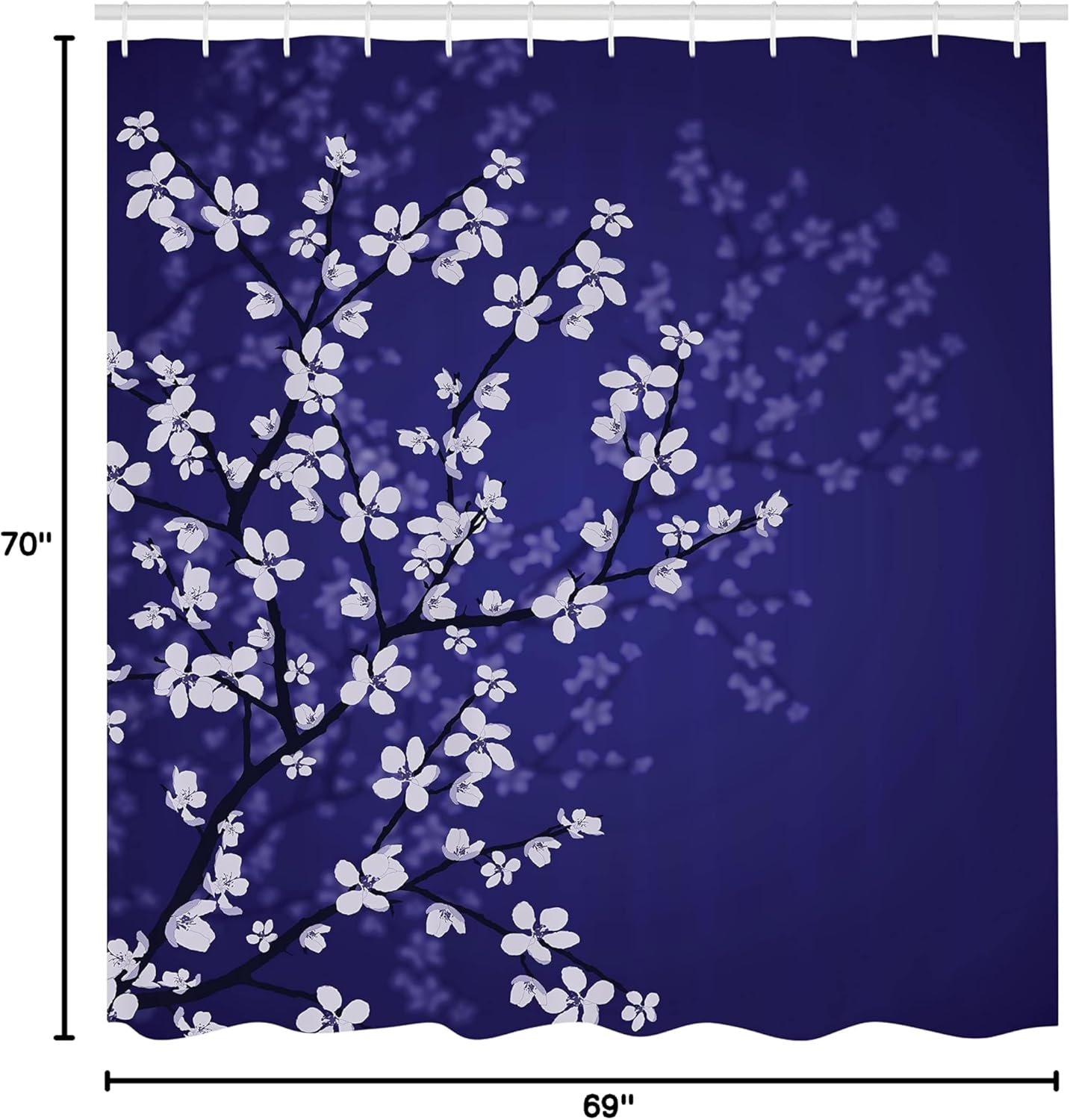 Ambesonne Japanese Shower Curtain, Spring Season Sakura Bloom Design Romantic Cherry Blossom on Blurry Branch, Cloth Fabric Bathroom Decor Set with Hooks, 69" W x 70" L, Indigo Violet Blue