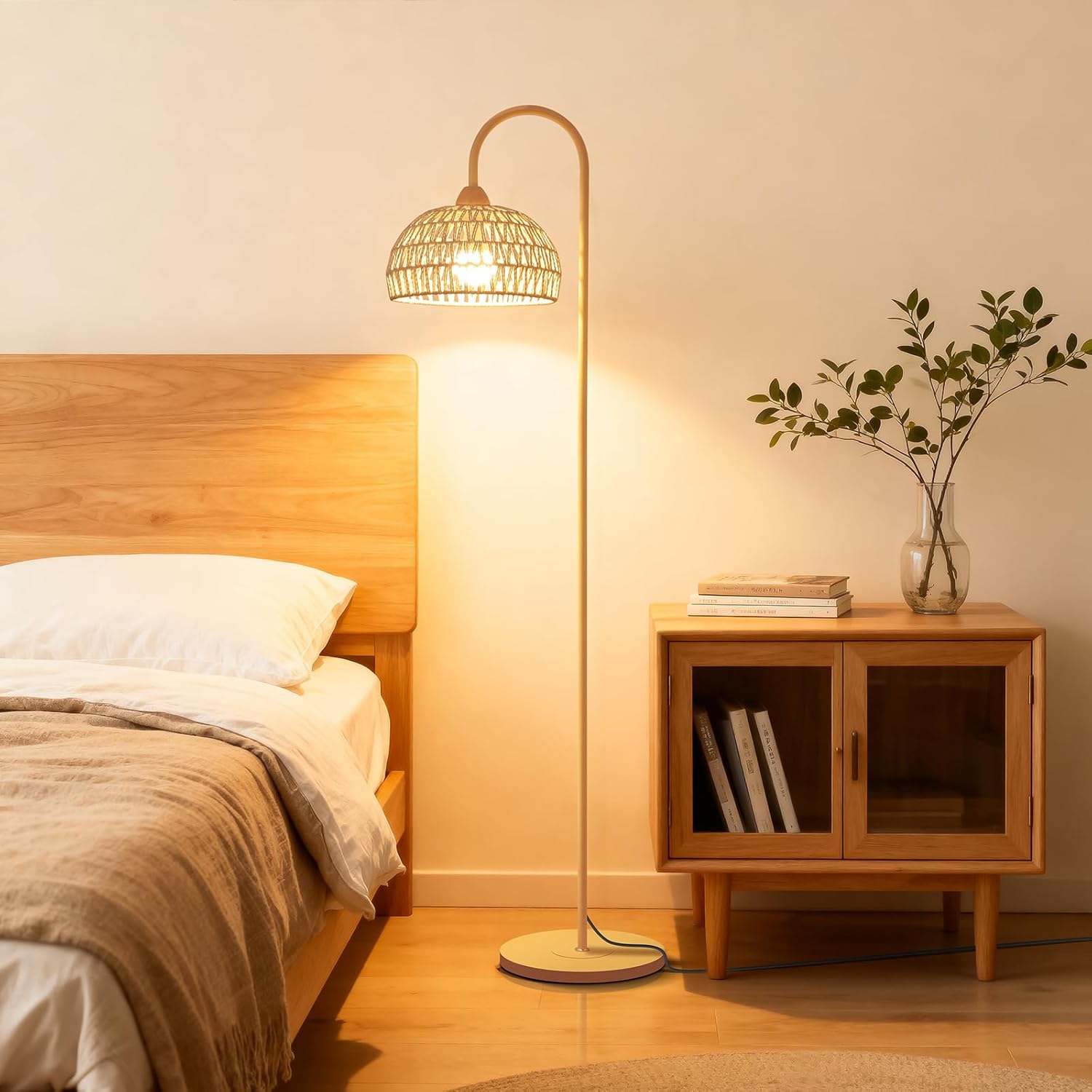 Boho Floor Lamp with Rattan Shade, 72-inch Tall Dimmable Standing Lamp, 12-watt 3-Color LED Bulb Included, Modern Standing Light for Living Room Bedroom Office Corner Reading, Cream White