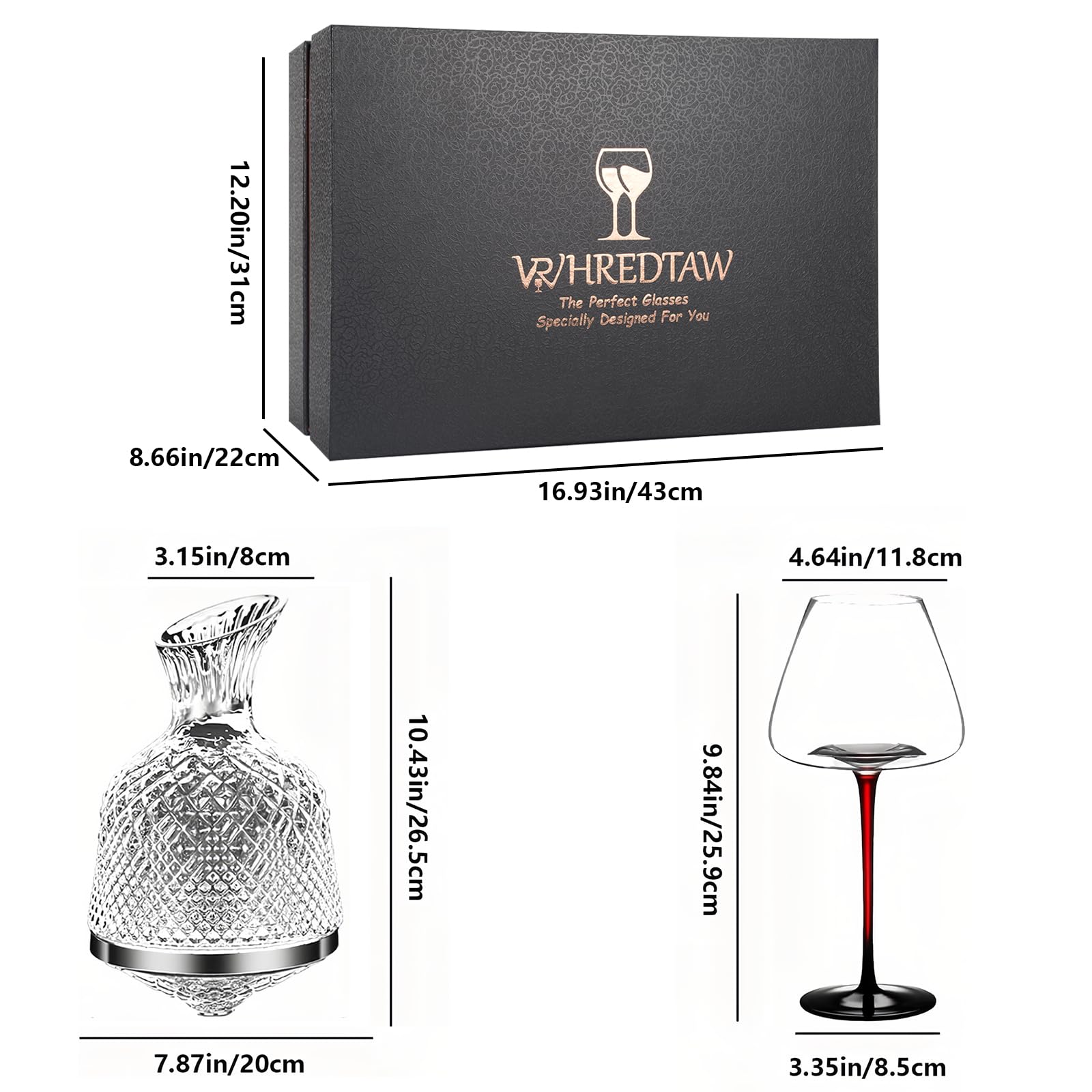 Juego de decantador de vino de lujo con 2 vasos de cristal sin plomo, 1500 ml, rotación de 360° y aireación rápida, jarra de vino tinto regalo para bodas, aniversarios, jubilaciones, amantes del vino