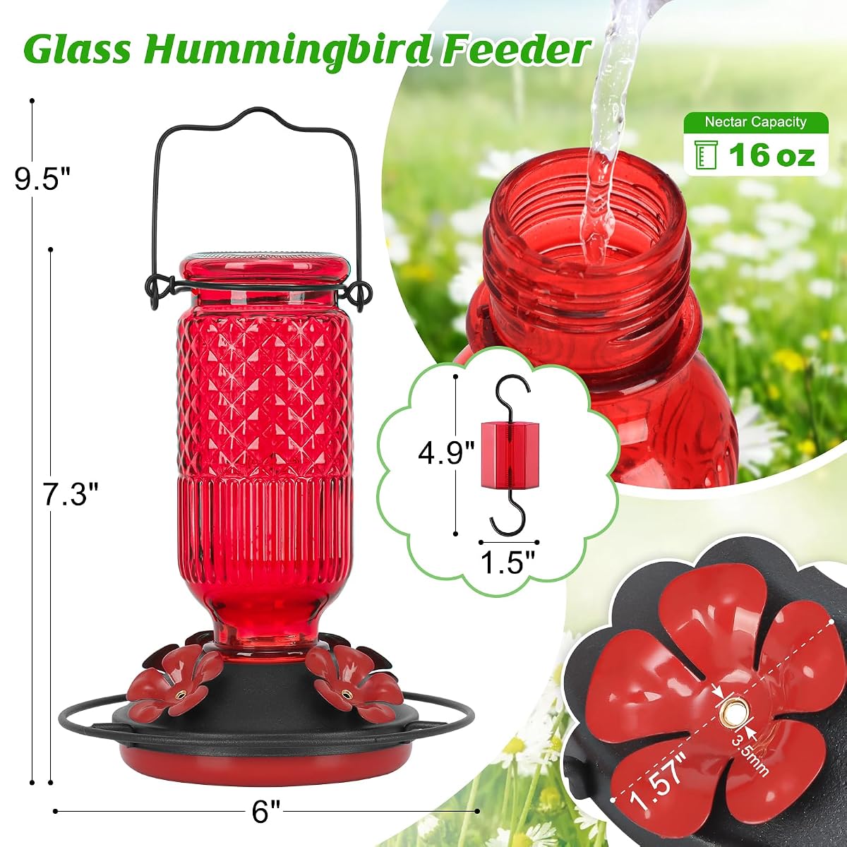 FEED GARDEN Glass Hummingbird Feeder for Outdoors Hanging, 16 oz Leak-Proof Nectar Feeder with Bee Guards & Ant Moat, 4 Metal Flower Feeding Ports, 360° Perch Ring, Easy Refill & Clean, Red 2 Red image 1