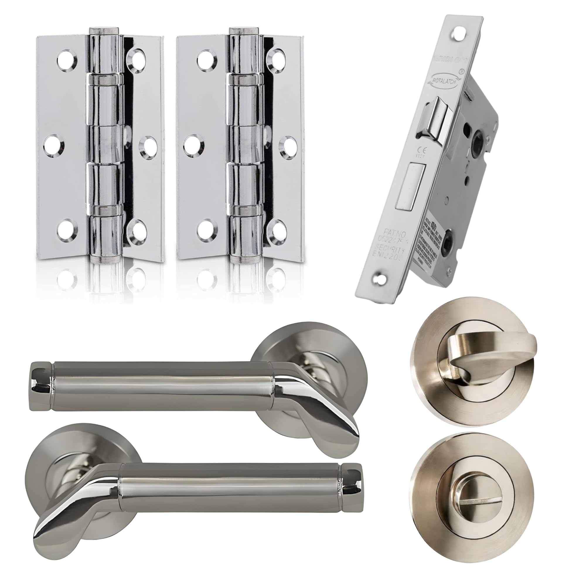 Uap Polished Nickel Internal Door Handle Set With Lock – Complete Door Pack With Hinges, Thumb Turn & Fixings – Privacy Turn & Release (Ventura, )