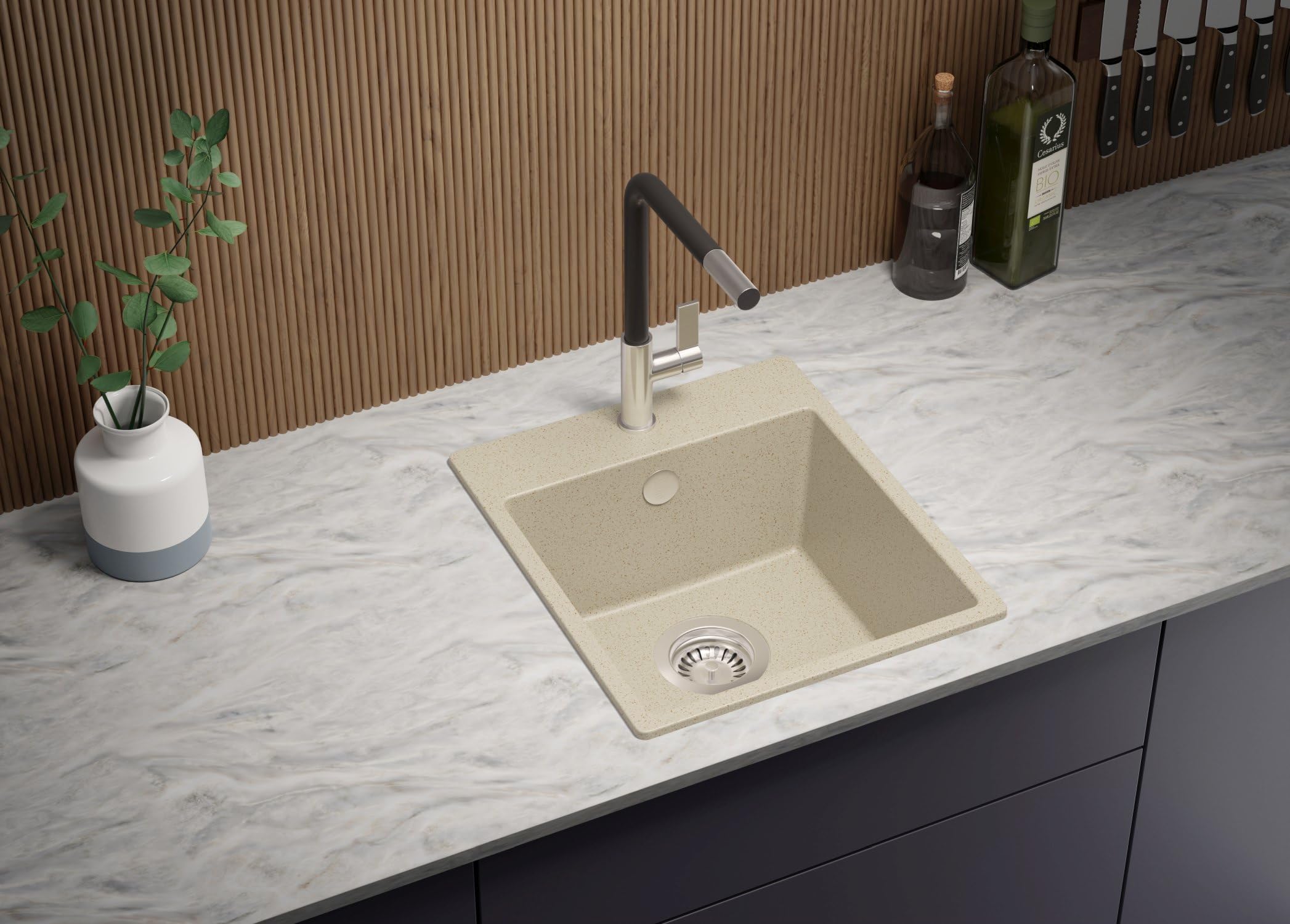 PRIMAGRAN Fregadero Cocina Beige - Riga Easy, 38x44cm | Granito 1 Seno + Set de accesorios, sobre Encimera al Mueble 40cm (S040)