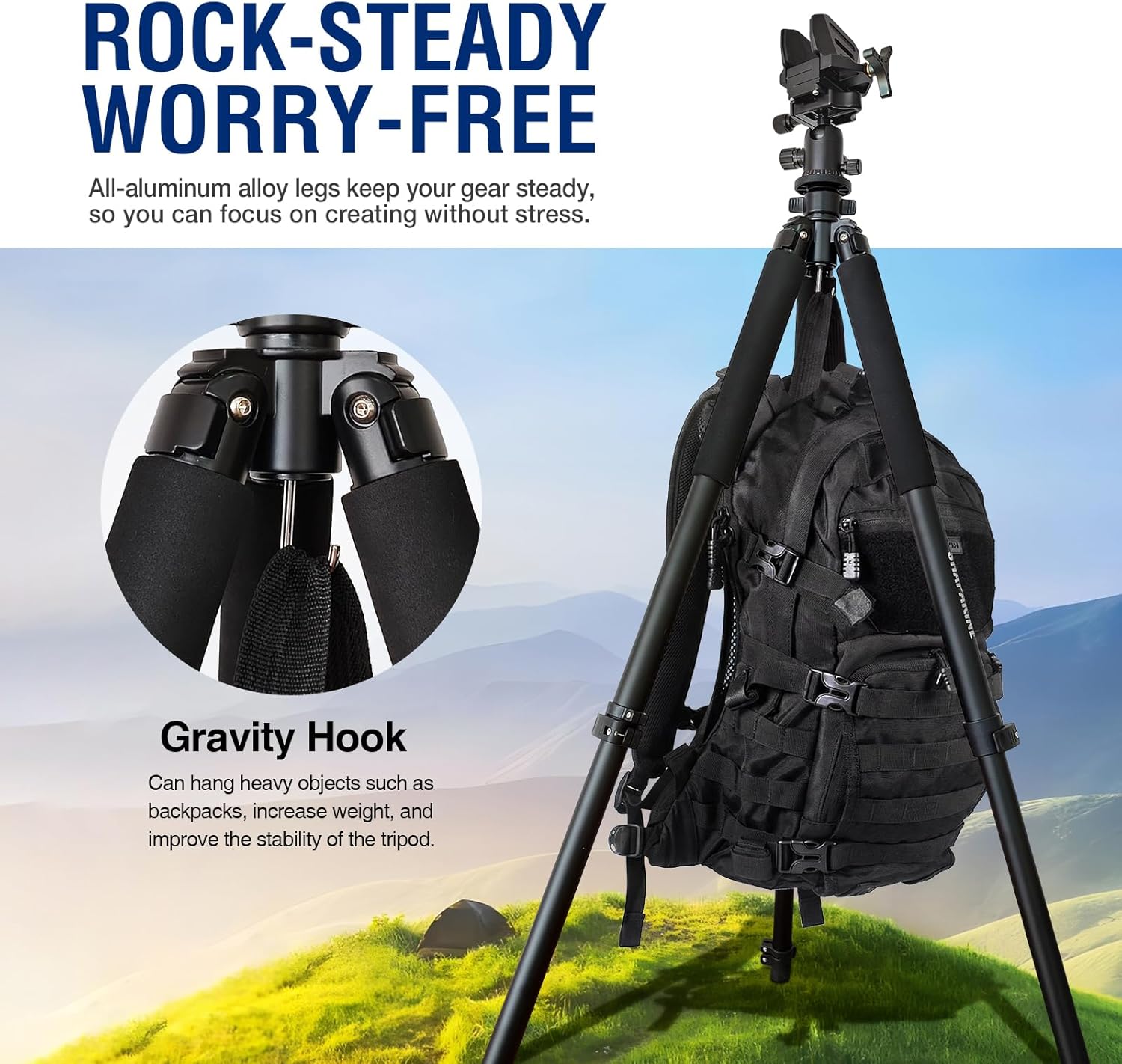 Rifle Tripod Shooting Rest, 61” Aluminum Hunting Tripod for Rifles with 360° Ball Head, Arca Compatible Rifle Saddle Clamp, Heavy Duty Tripod Stand with Weight Hook, Bubble Level & Compass