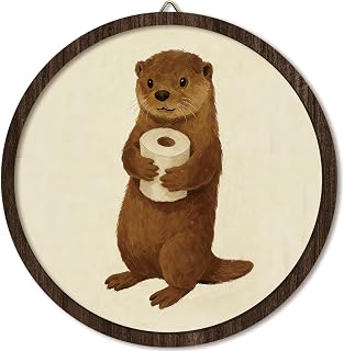Vintage Otter Toilet Bathroom Round Wall Art Decor | Funny Sea Otter Hanging Botanical Animal Round Wall Hanging Decorations for Washroom Bathroom Decor, 10 Inch Diameter