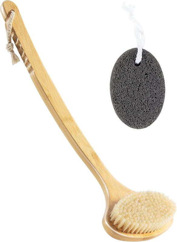 Escova para Banho GROOMAGE com Cabo Curvo de Bambu, Cerdas Naturais e Pegador Antiderrapante, 43,94 cm
