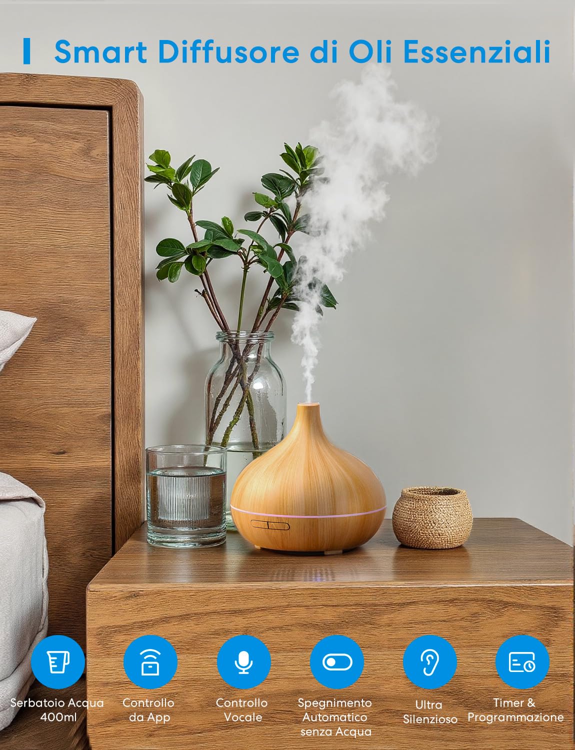 Meross Smart Diffusore di Oli Essenziali Mini | 400ML | Funzione di Temporizzazione | Controllo Remoto & Controllo Vocale | Intelligente Umidificatore | Compatibile con Apple Home, Alexa y Google Home