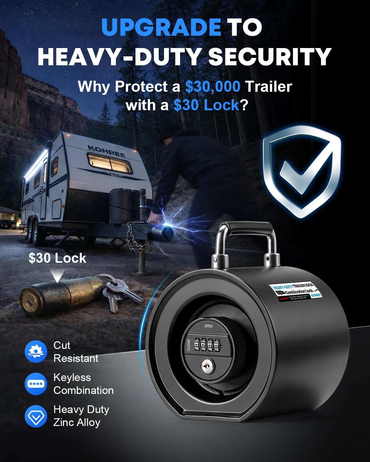 Kohree Keyless Trailer Lock Heavy Duty, 2-5/16" Trailer Hitch Coupler Lock, Anti-Theft Steel Combination Tongue Lock with Handle Easy Install for RV, Boat, Camper, Caravan