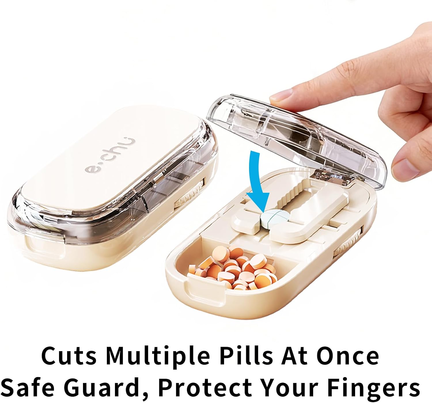 Pill Cutter Splitter for Small and Tiny Pills - Adjustable Pill Cutter for 1/2 1/4 Quarter Split, Built-in Pill Case for Travel, Purse, Pocket, Safe for Medication, Not for Large Hard Vitamins (Beige)
