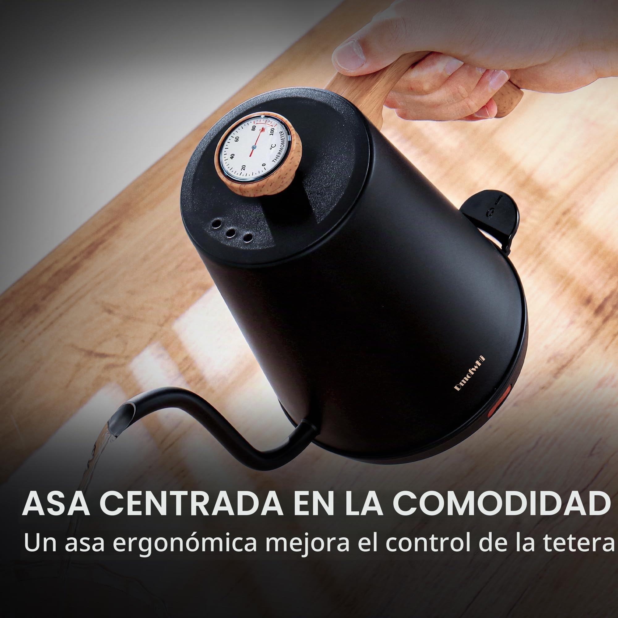DmofwHi Hervidor Eléctrico de Cuello de Cisne de 1L con Termómetro, 1000W Tetera Electrica de Acero Inoxidable, Apagado Automático, Hervidor de Agua Para Café y Té, Negro