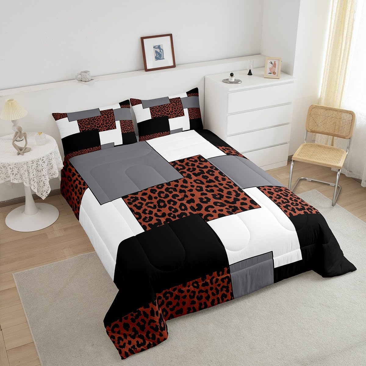 Erosebridal Mid Century Queen Comforter Set for Adult Black Grey Striped Bedding,Cheetah Print Bedding Comforter Sets,Vintage Square Reversible Duvet Insert with 2 Pillowcases