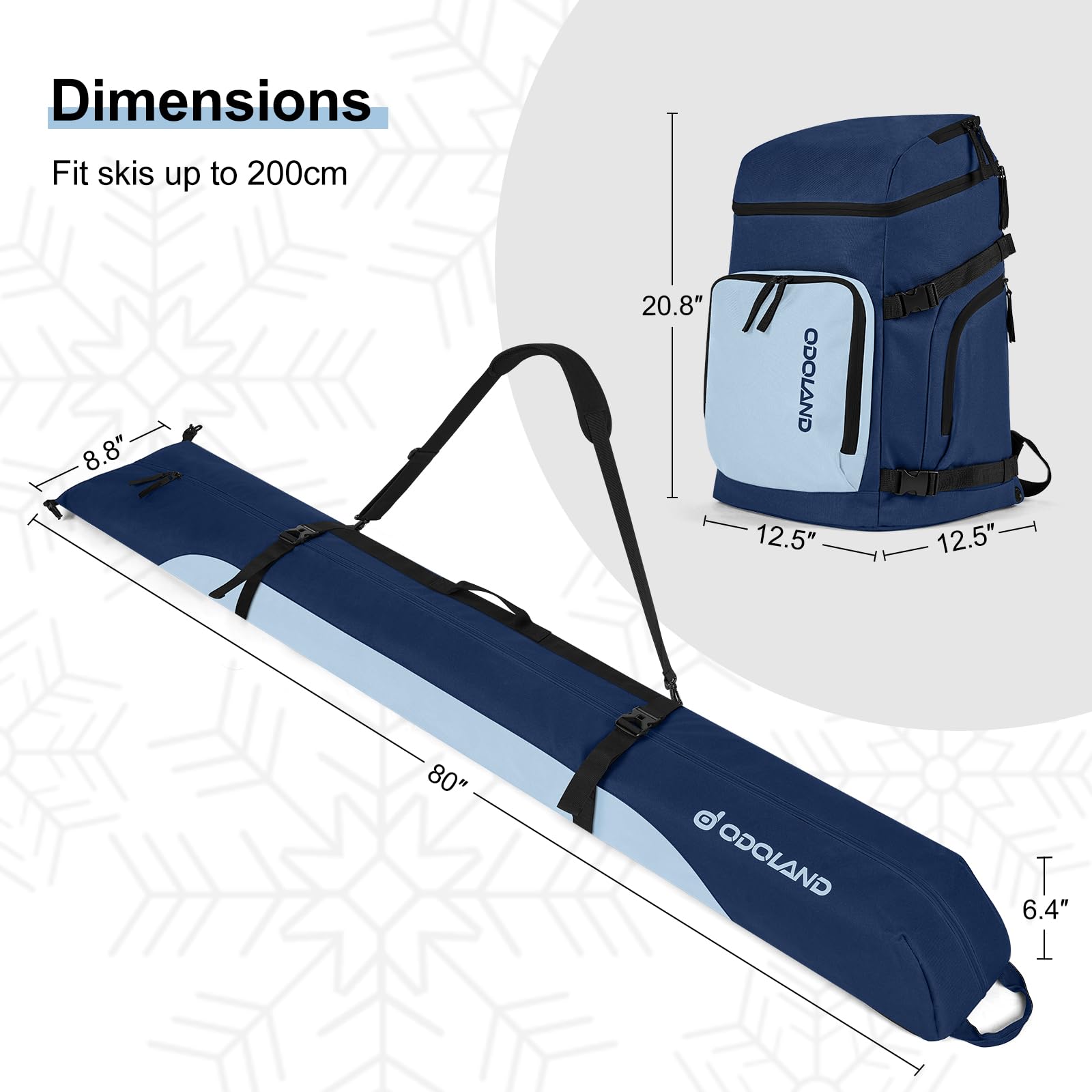 Odoland Bolsa de Esquí y Mochila para Botas 55 L Bolsas Acolchadas para Esquís y Botas de Esquí para Viajes en Avión, Bolsa Impermeable para Guardar y Transportar Equipo de Esquiar de 200 cm
