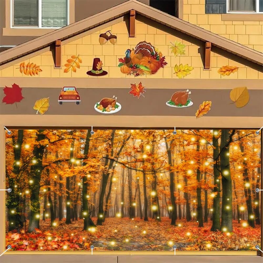 Fall Thanksgiving Garage Door Cover Decorations Banner Backdrop 7x16ft,Large Hanging 2 Car Autumn Garage Door Cover,Glitter Maple Forest Fallen Leaves Backdrop for Indoor Outdoor Holiday Decorations