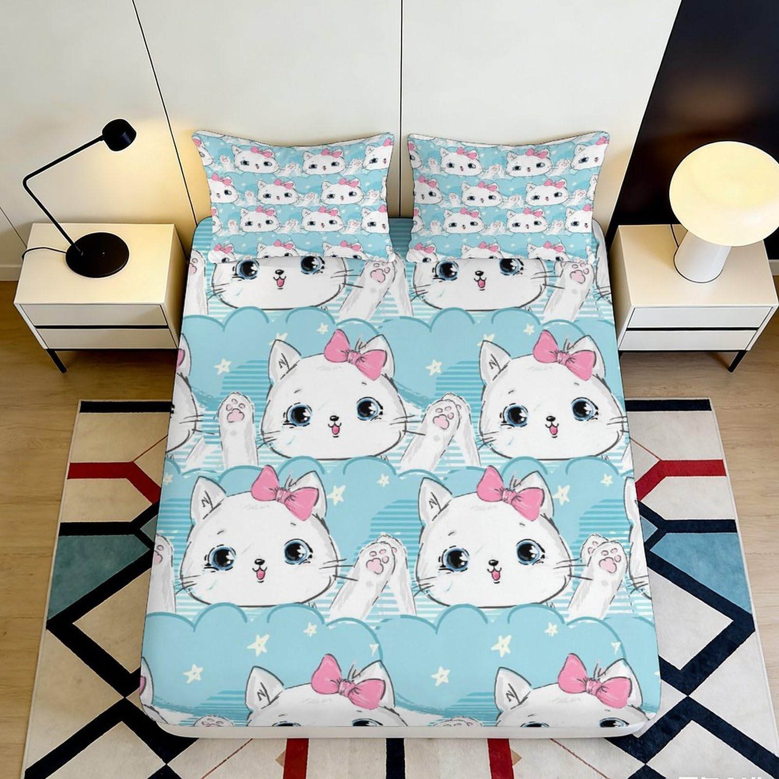 3D Printed Cute Cat Fitted Sheet Microfiber Soft Blue Cartoon Bowknot Mattress Cover for Bedroom Dorm Apartment Decor 90x200x25cm