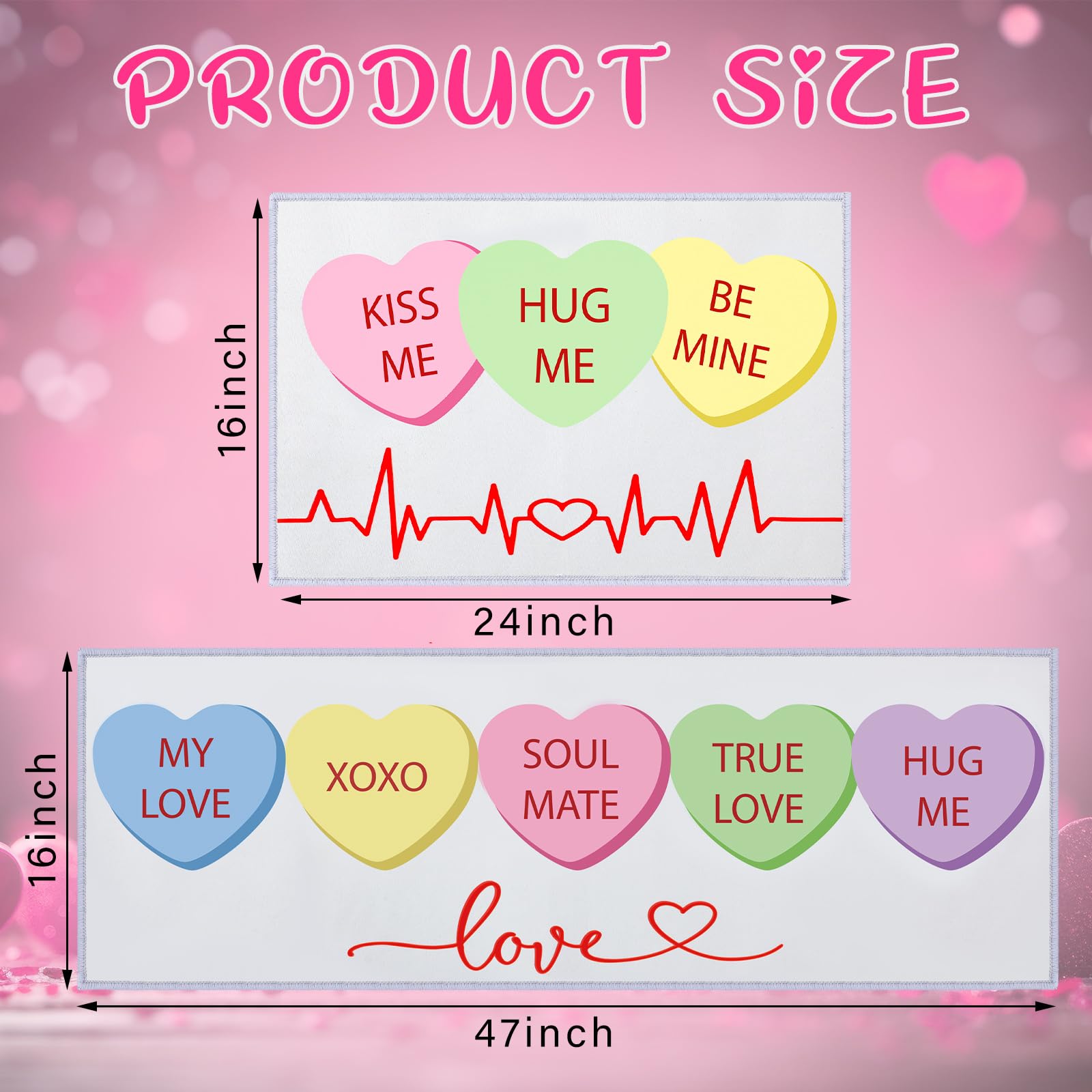 Tondiamo Valentine Kitchen Mats Set of 2 Conversation Heart Door Rug Valentines' Day Doormat Kitchen Decor Non Slip Rectangle Floor Mat for Decor, 16 x 47 in and 16 x 24 in