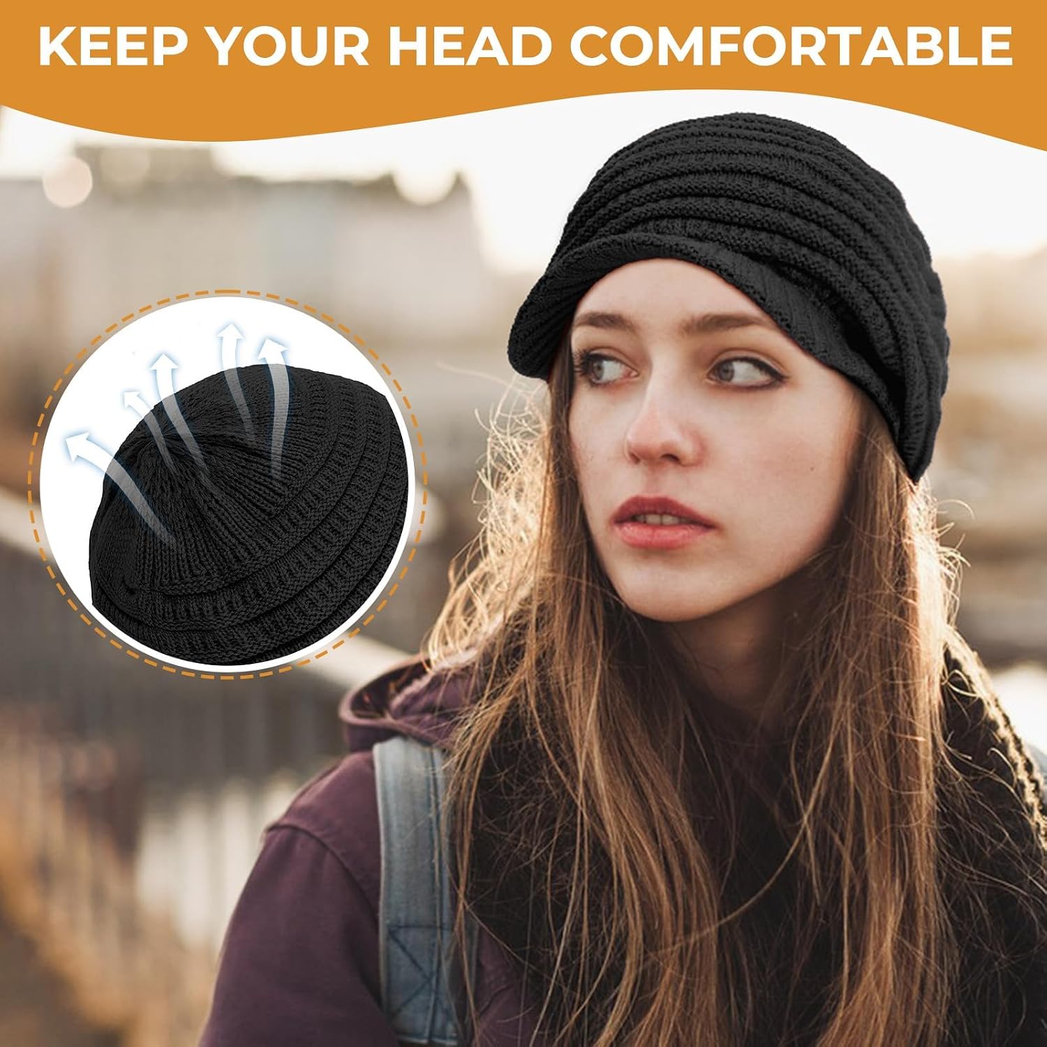 Womens Satin Lined Beanie Slouchy Winter Knit Hat Newsboy Hat with Brim Silk Lined Beanie