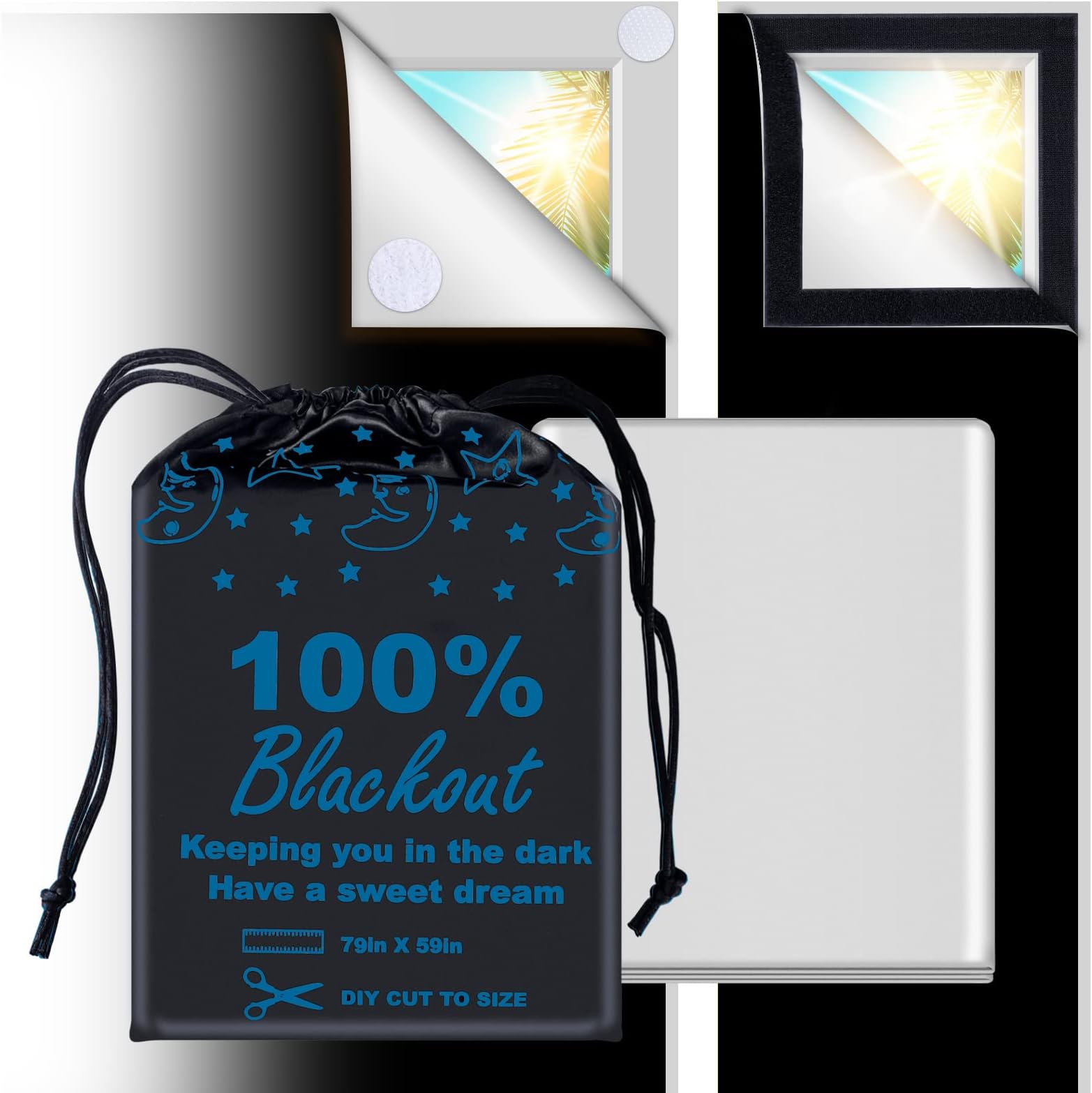 100% Blackout Blind Curtains Window Cove[ 79"x 59"] [DIY Cut to Any Size or Shape] [Hook & Loop Tabs][ Portable Bags for Travel ] [Light & UV Blocking ] for House,Baby Nursery,Apartment
