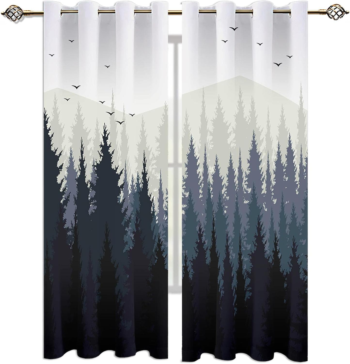 Abstract Misty Forest Mountains Blackout Curtains for Bedroom, Modern 3D Printed Window Treatments, 2 Panels Polyester Privacy Grommet Drapes for Living Room Kitchen Apartment (63" W x 72" L)