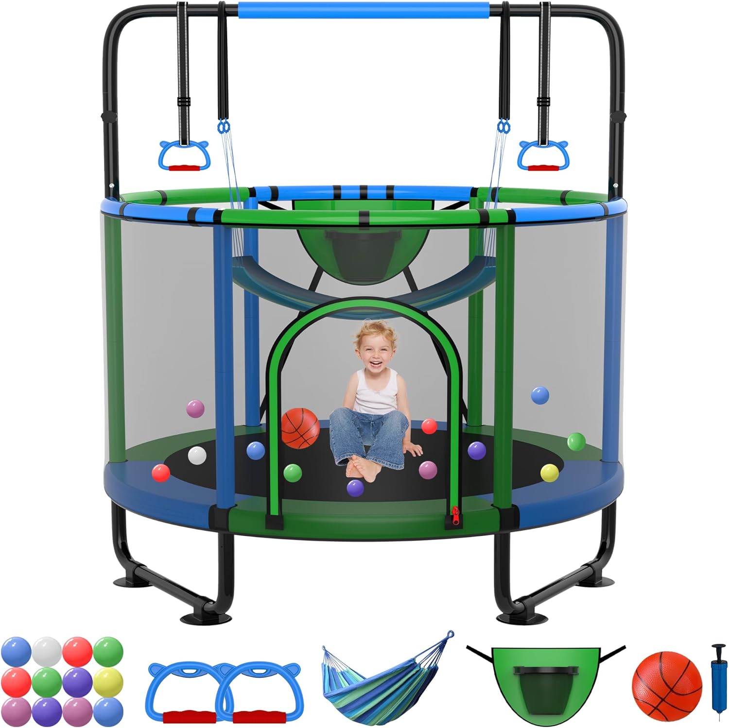 SKYUP 54"/60''/66" Mini Trampoline for Kids Ages 3+, 400LBS No-Gap Toddler Trampoline with Net, Swing, Adjustable Gymnastics Bars, Basketball Hoop, Indoor/Outdoor Trampoline, Boys & Girls Gifts Toys