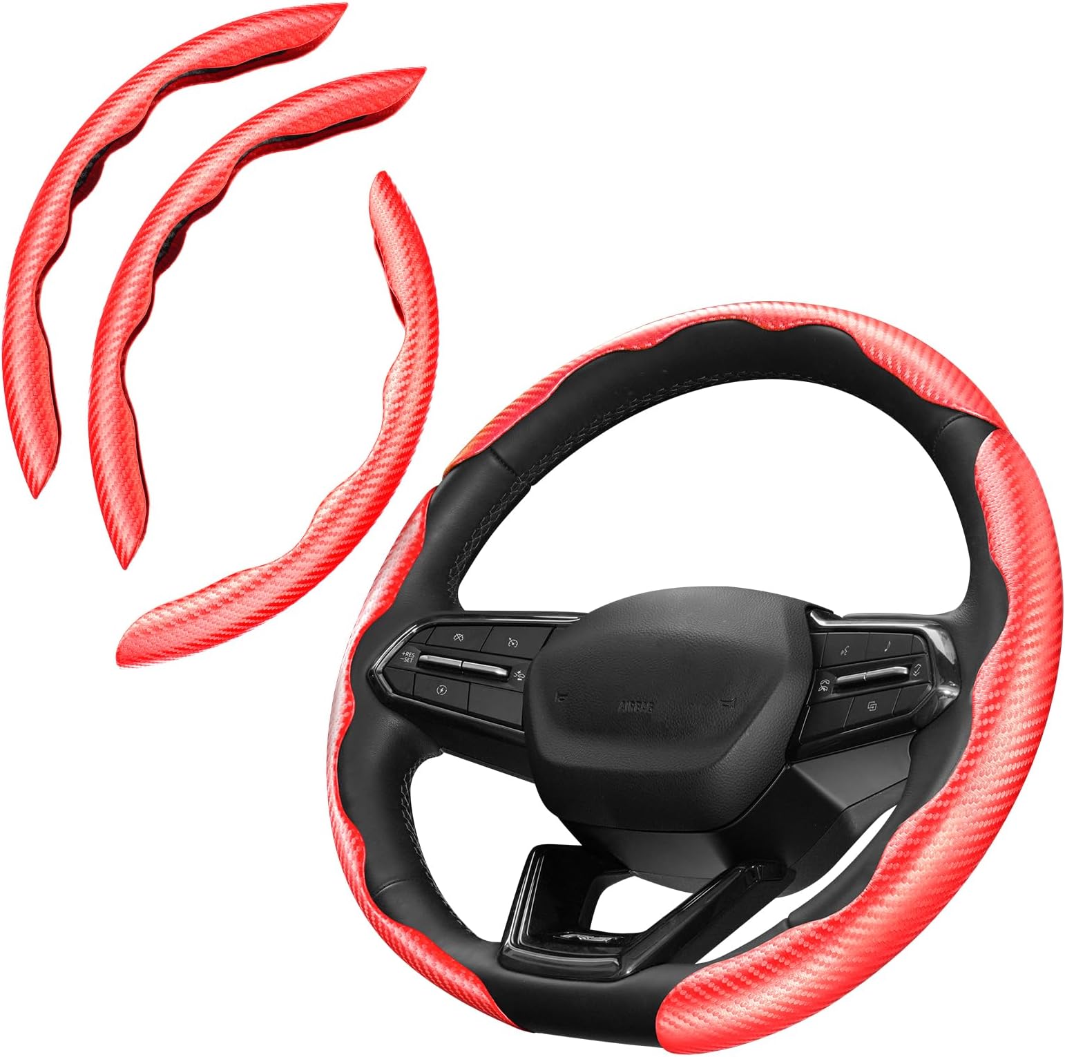 3 Piece Carbon Fiber Steering Wheel Cover, Car Steering Wheel Cover for Men/Women, Anti-Slip, Comfortable Grip, Durable, Universal for 99% Car Interior Accessories (Red)