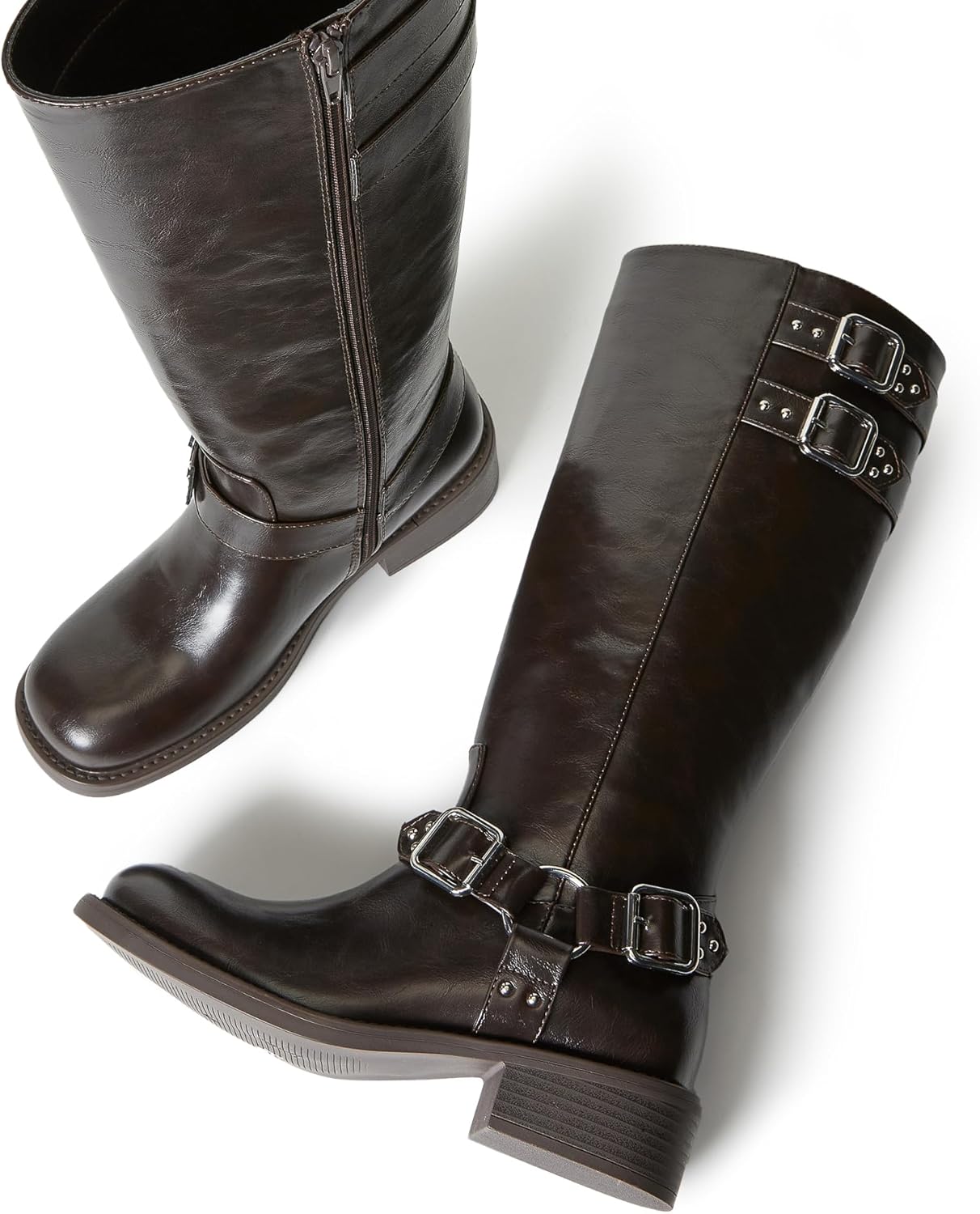 JustFab Womens Knee High Boots Faux Leather Brown Riding Boots Knee High Boots for Women Womens Low Heel Casual Boots for Women